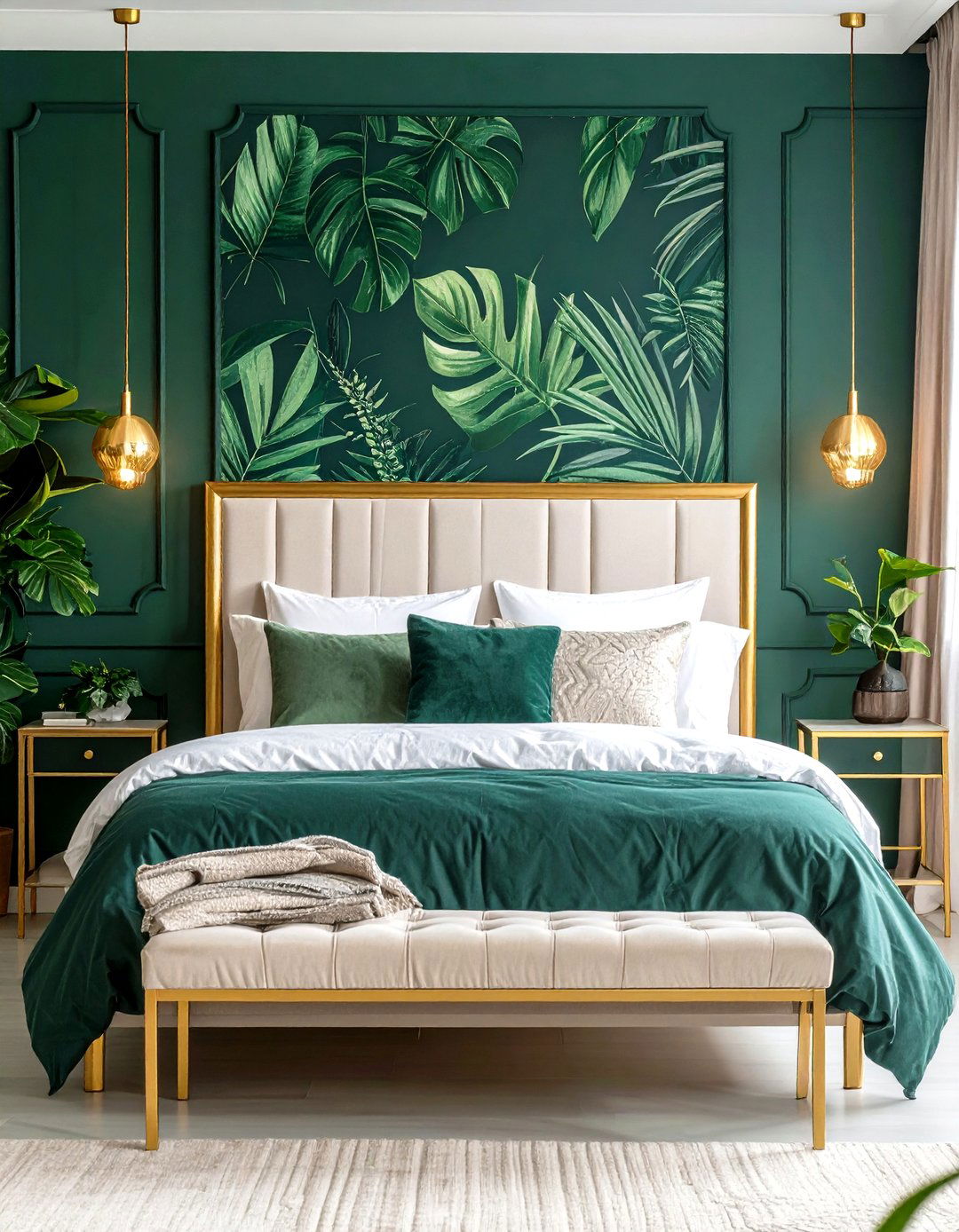 Botanical Emerald Wallpaper with Gold Picture Rails - 25 emerald green and gold bedroom ideas