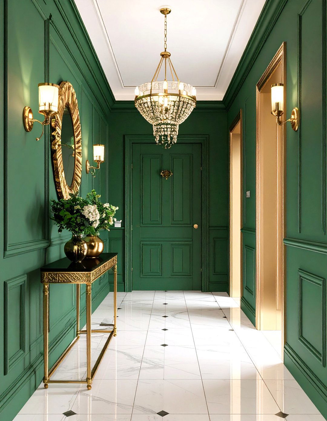 Brass Accented Green Hallway for Subtle Glamour - 25 green hallway ideas