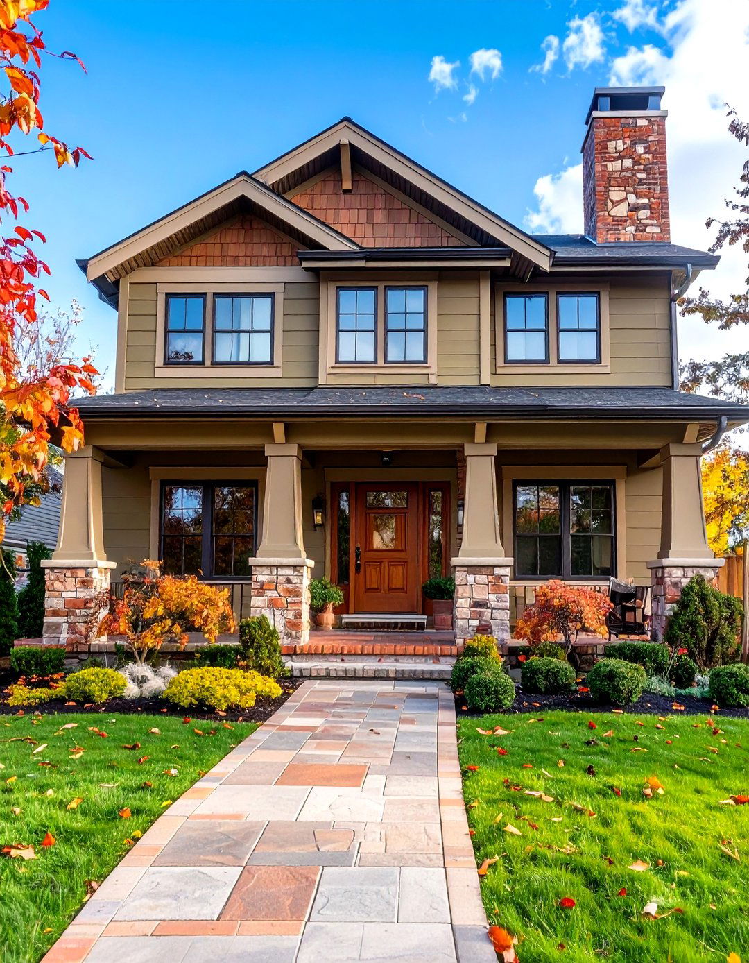 Brick Contrast Olive Lap Siding and Bold Masonry - 25 olive green house exterior ideas