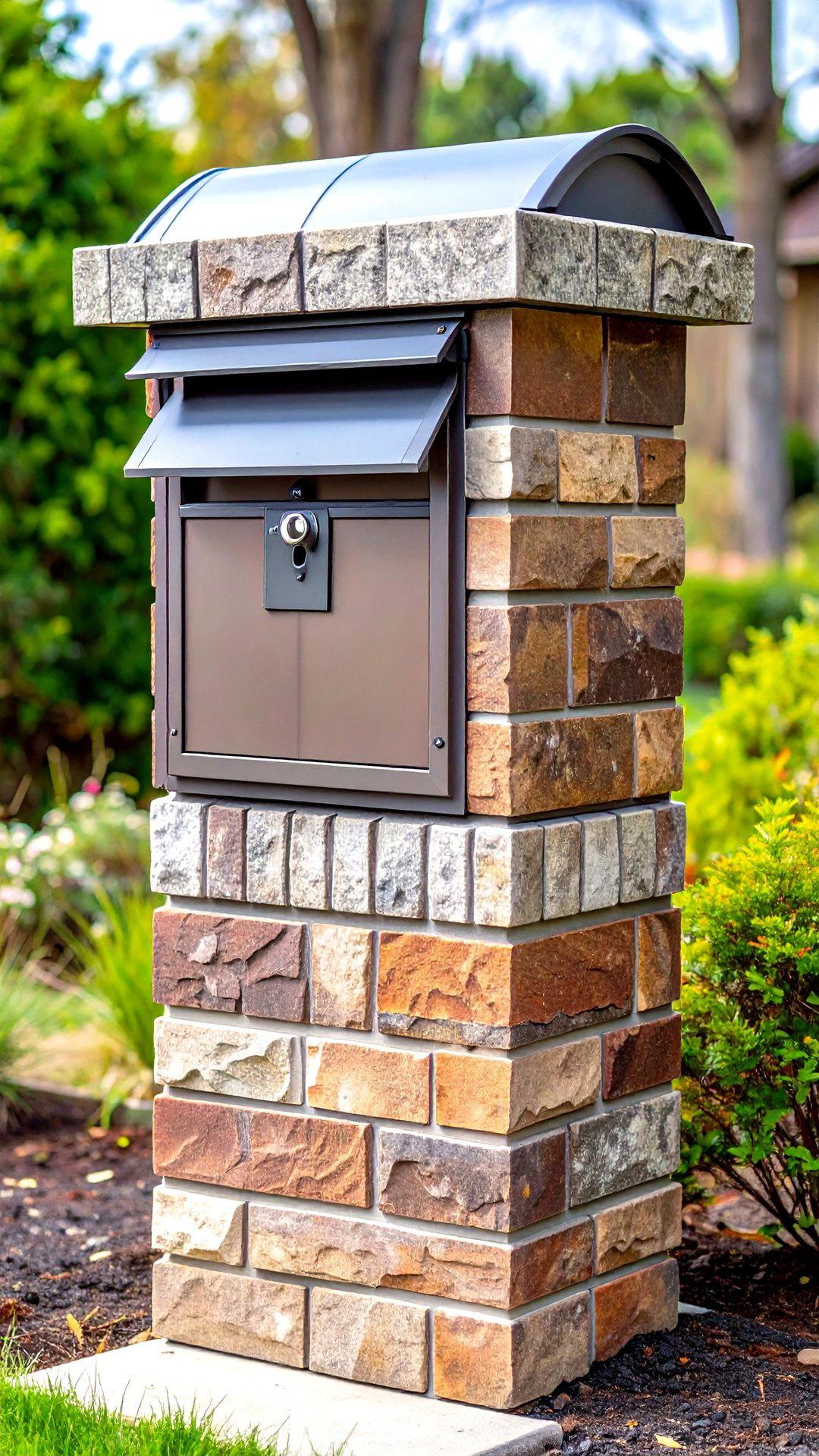 Brick Mailbox Accented with Interlocking Stone Bands - 25 brick mailbox ideas