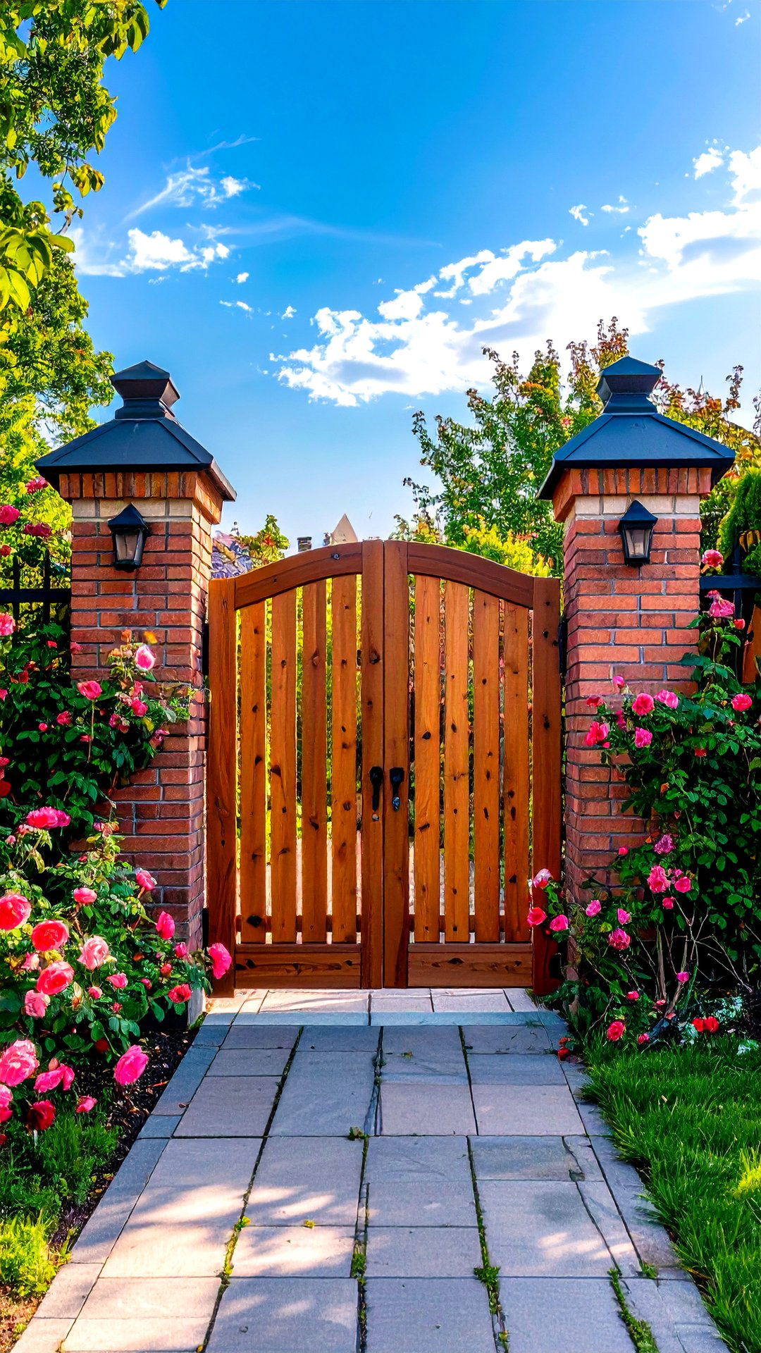 Brick Pillars Flanking Fence Gates - 25 brick landscaping ideas