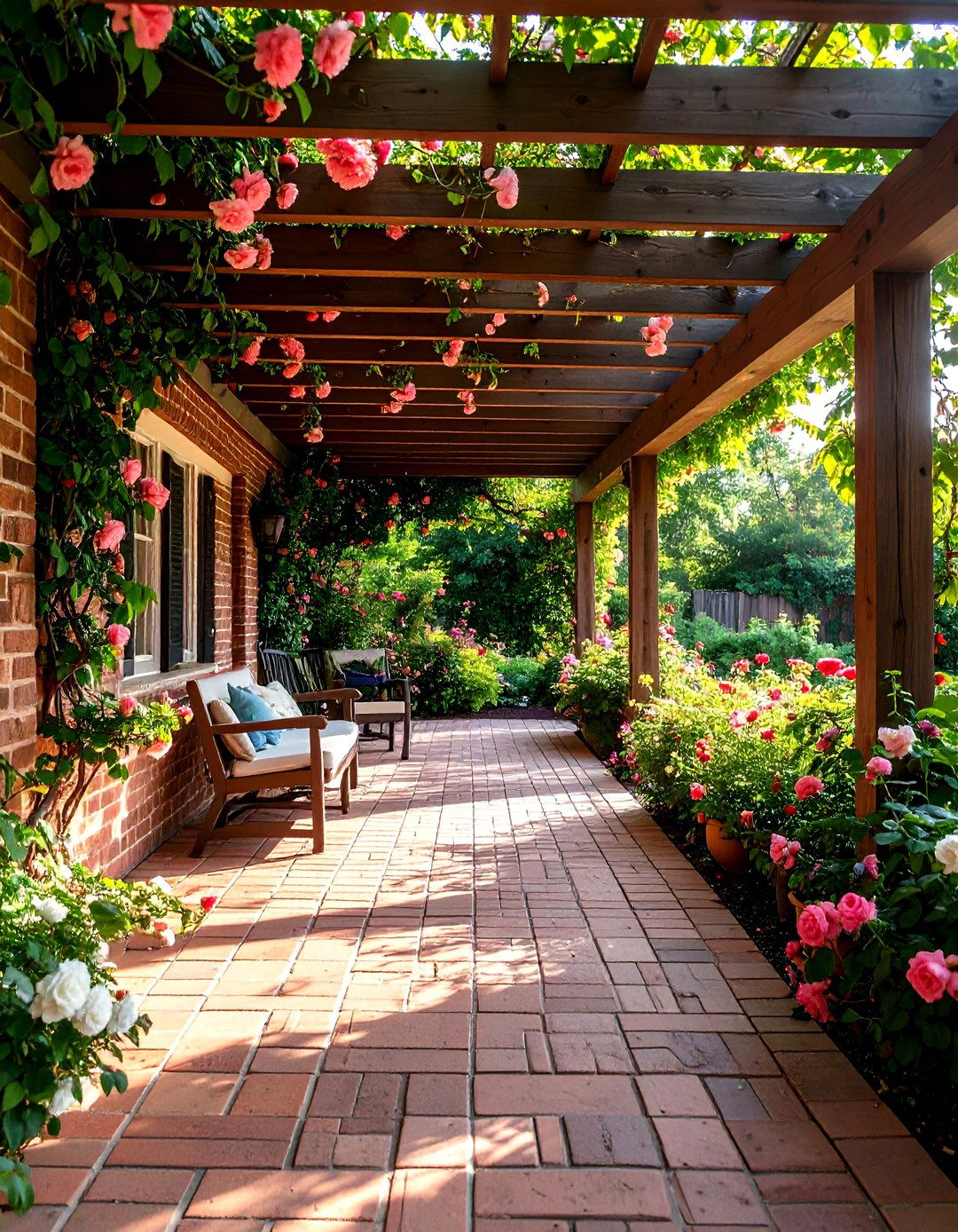 Brick Porch Under a Pergola for Filtered Shade - 25 brick porch ideas