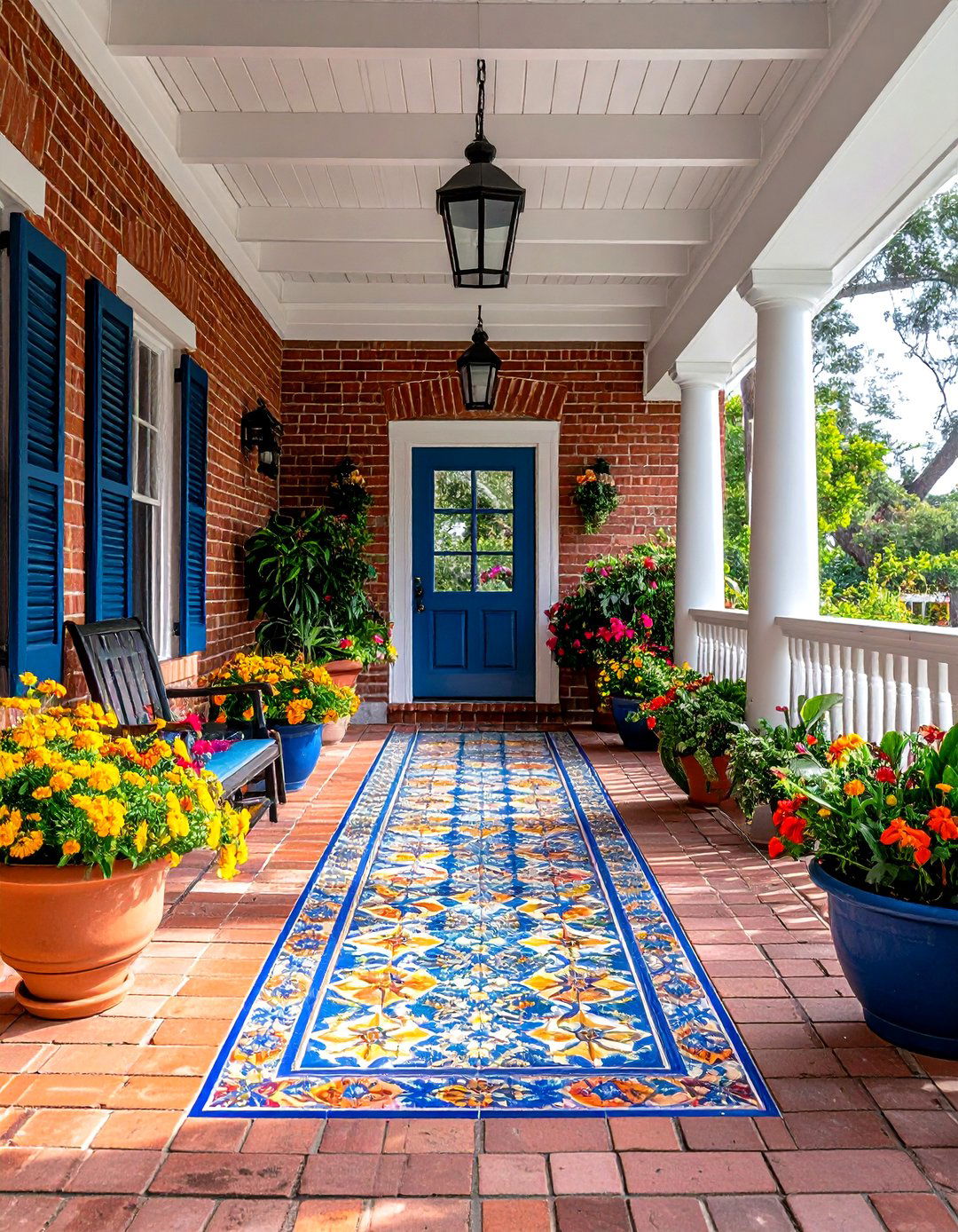 Brick Porch with Patterned Tile Inlay - 25 brick porch ideas