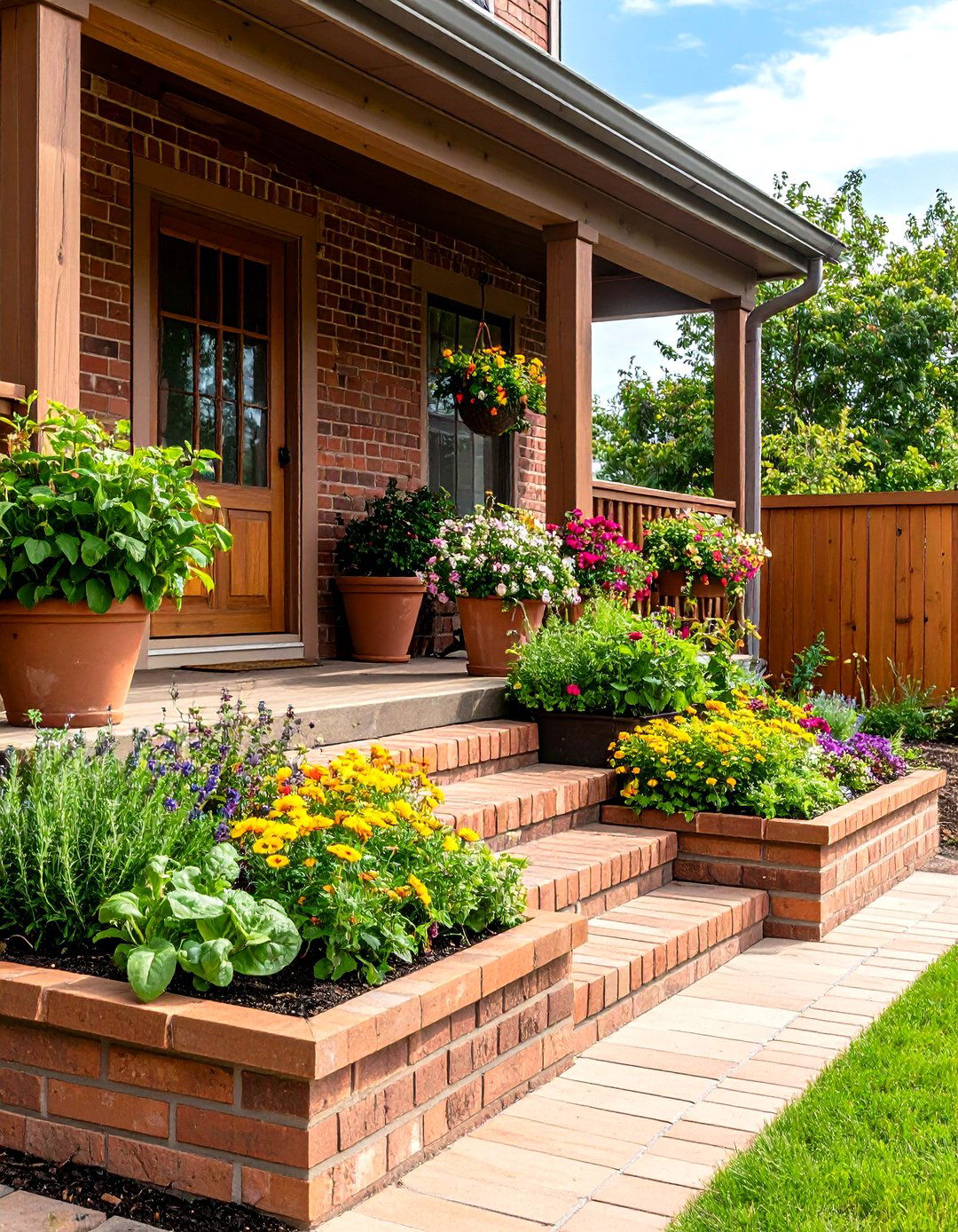 Brick Porch with Raised Garden Beds at the Steps - 25 brick porch ideas