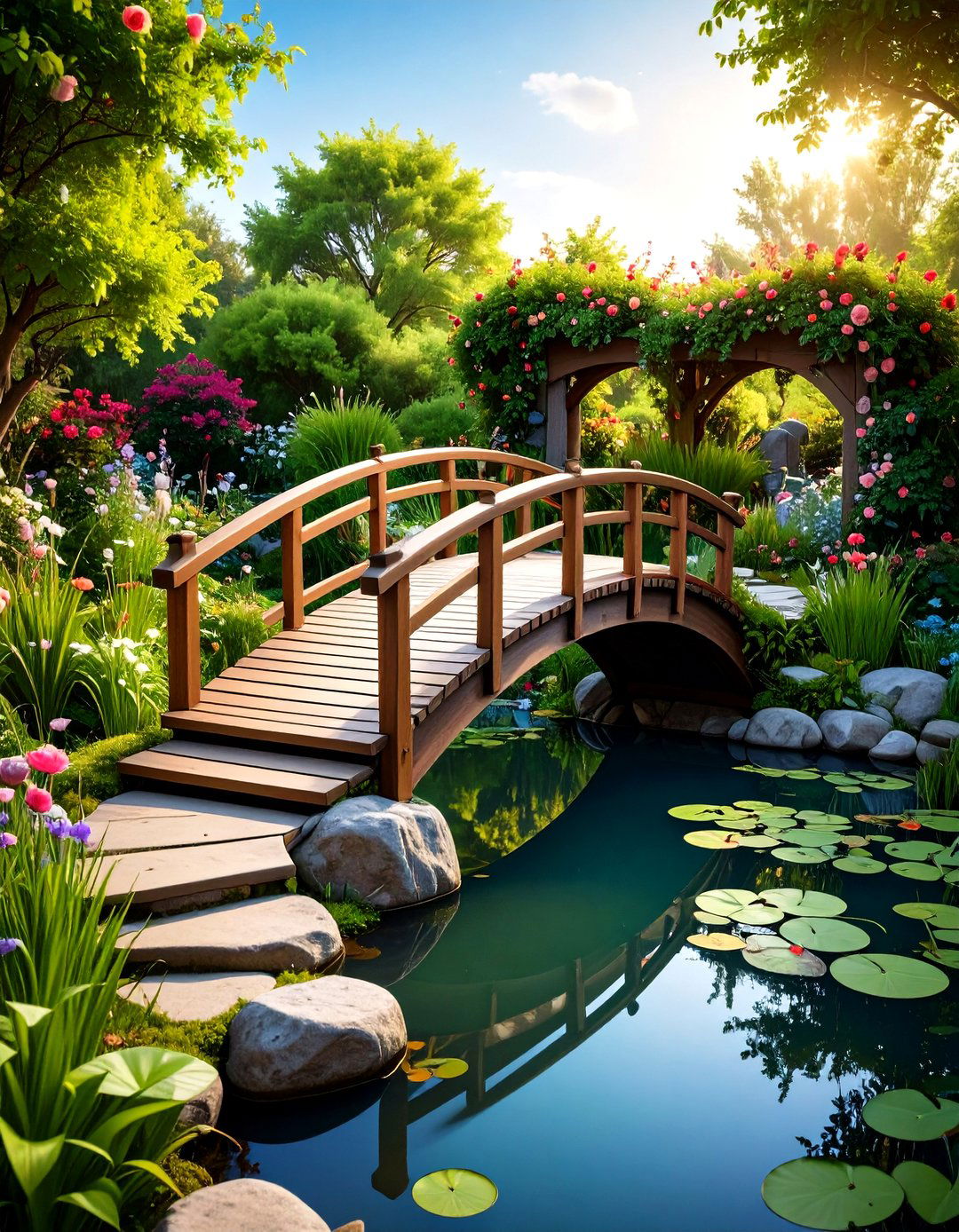 Bridge Spanned Storybook Pond - 25 backyard pond ideas