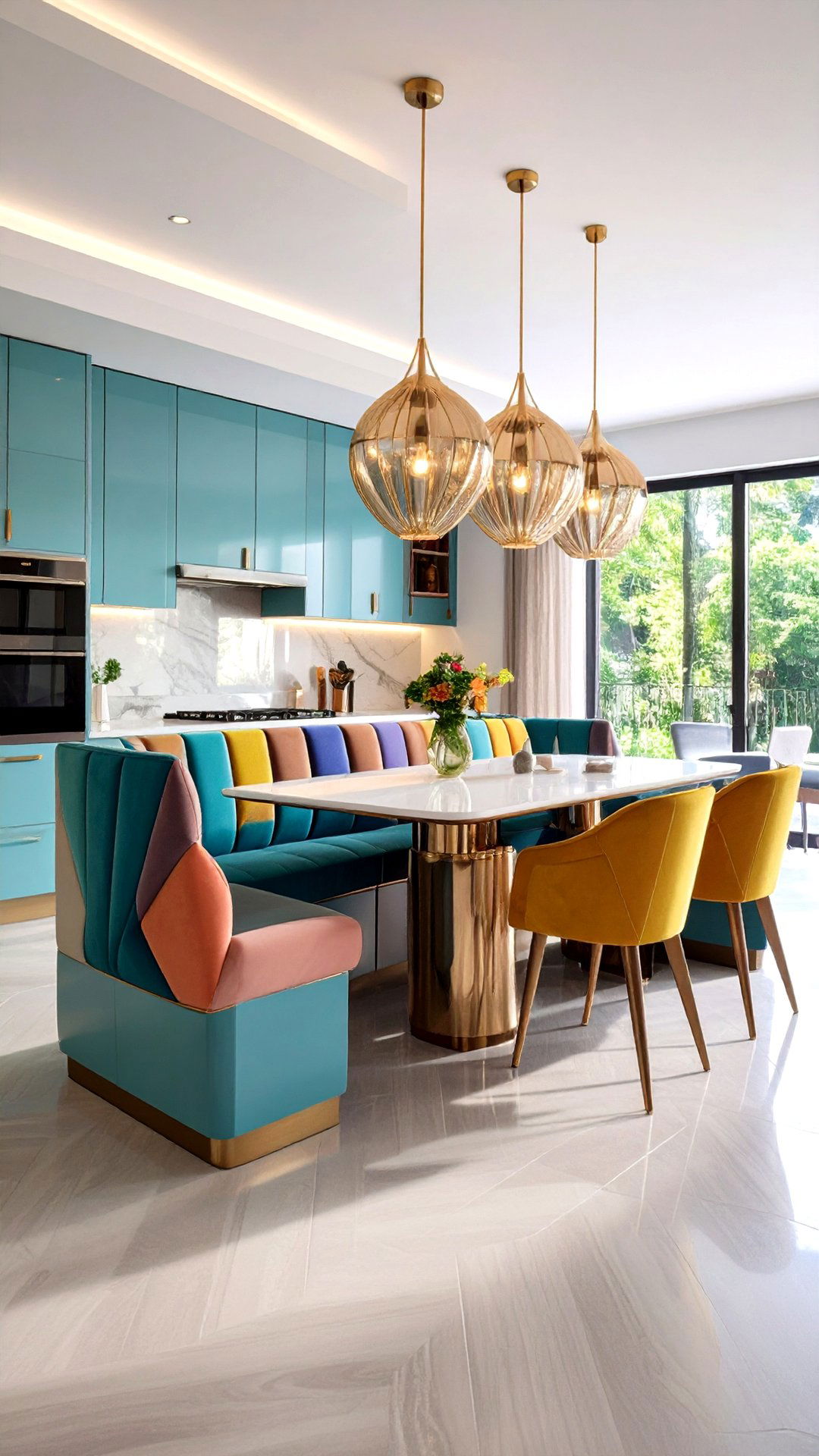 Built In Banquette with Geometric Upholstery - 25 art deco kitchen ideas