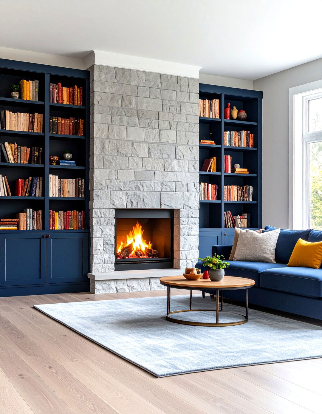 Built In Navy Bookcases Frame a Grey Hearth