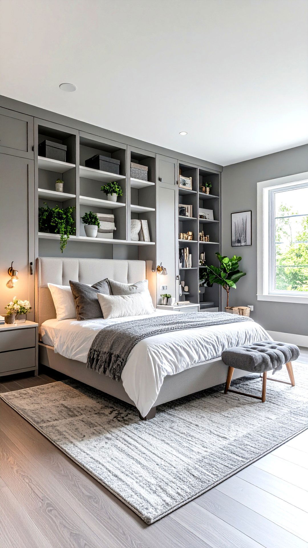 Built In Storage for a Clutter Free Grey and White Bedroom - 25 grey and white bedroom ideas