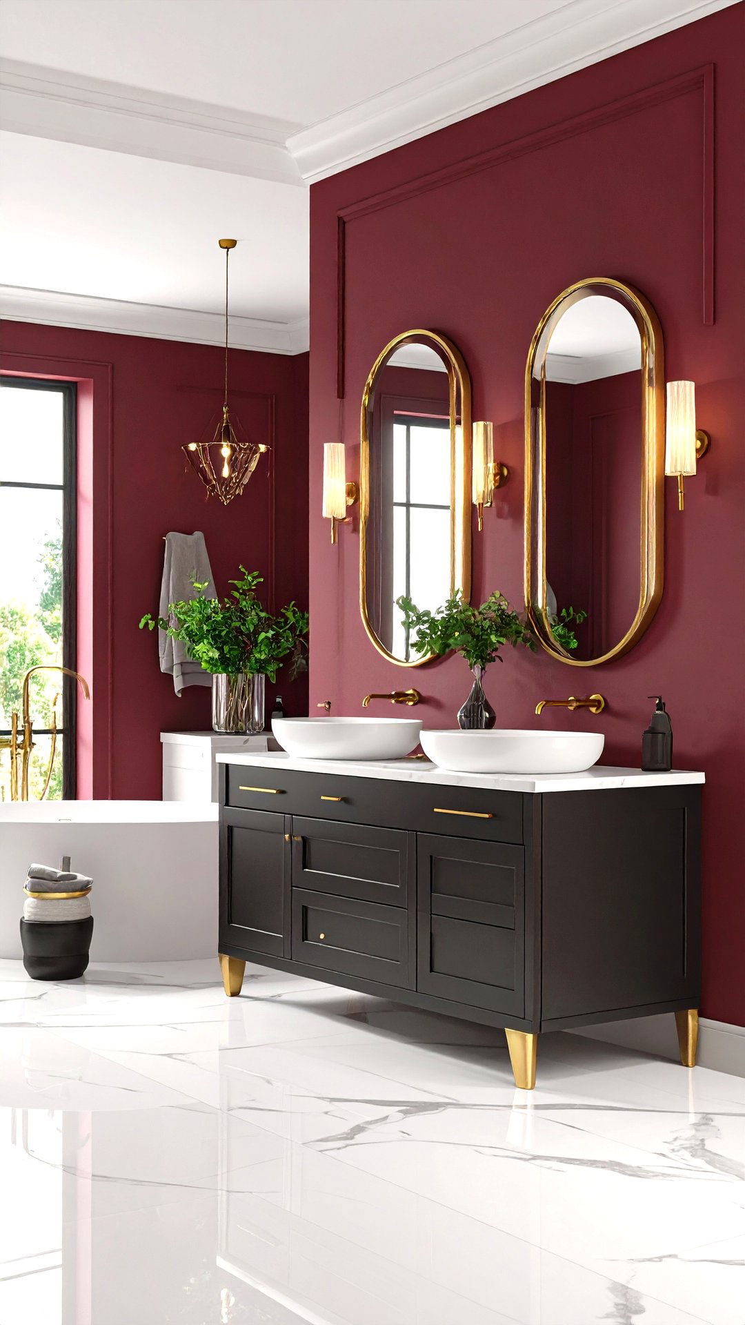 Burgundy Bathroom and Brass Fixtures Combo - 25 burgundy bathroom ideas