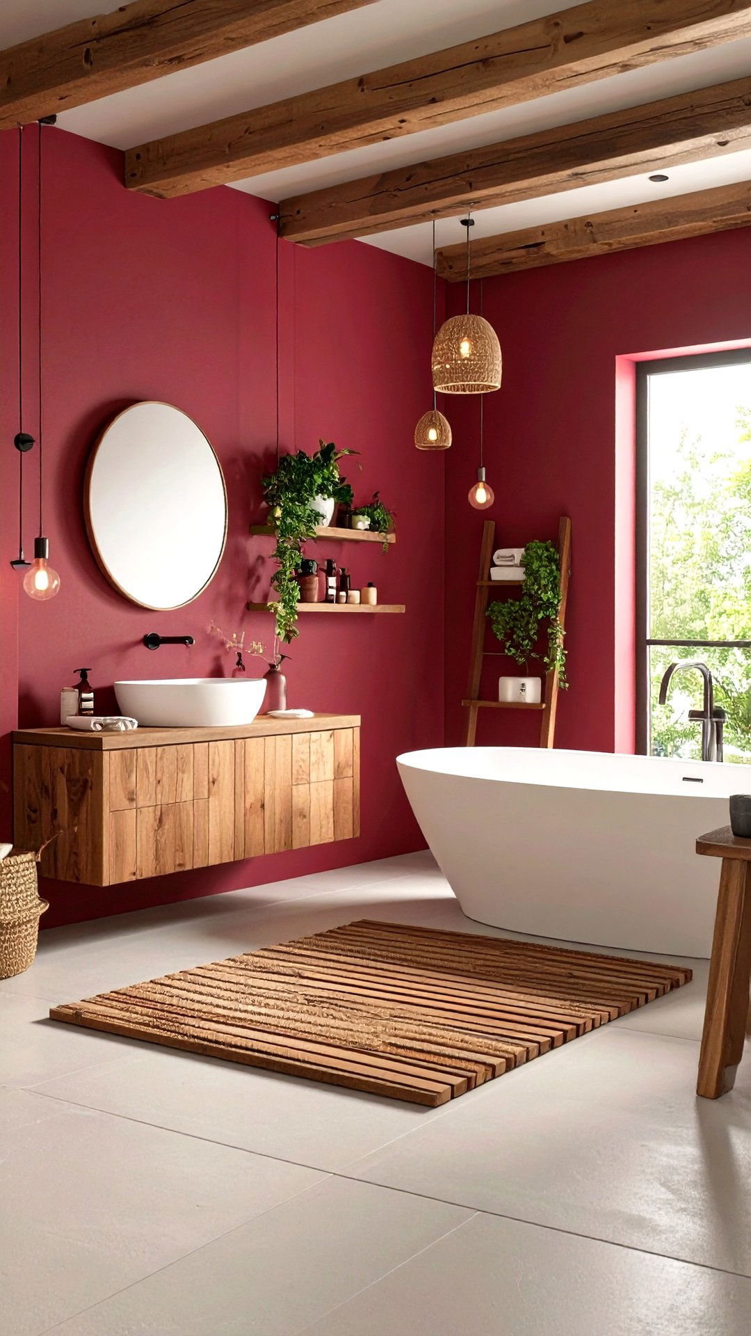 Burgundy Bathroom and Natural Wood Accents - 25 burgundy bathroom ideas