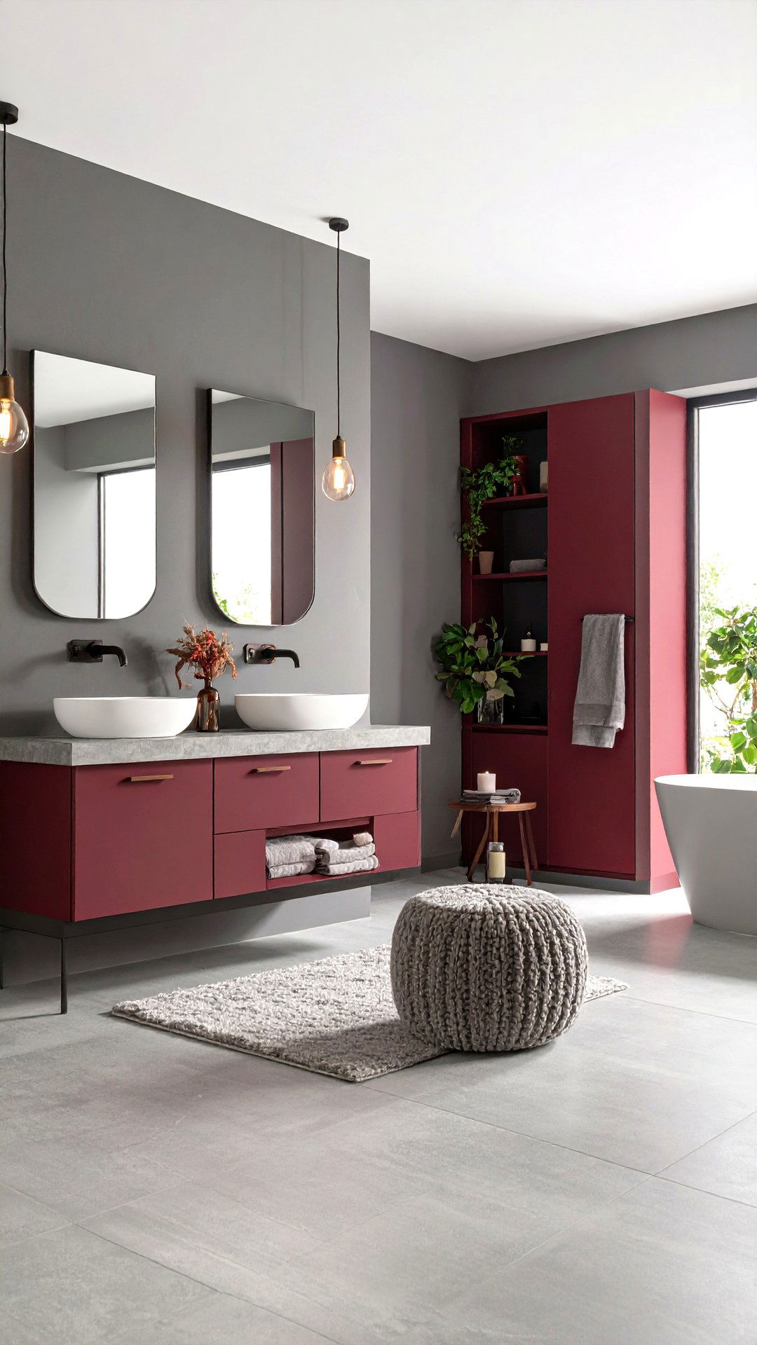 Burgundy Bathroom with Gray Neutrals - 25 burgundy bathroom ideas