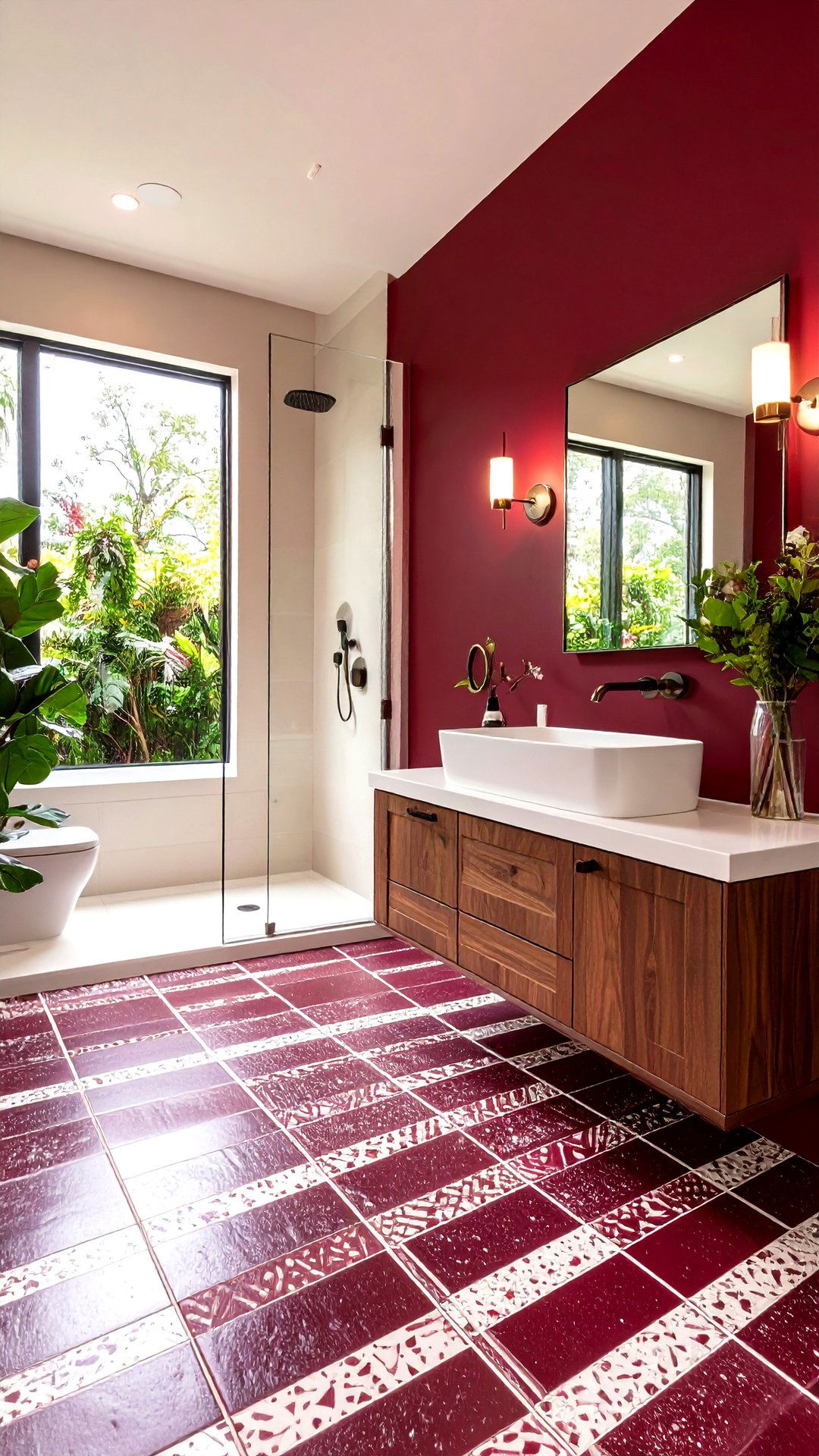 Burgundy Bathroom with Patterned Floor Tiles - 25 burgundy bathroom ideas
