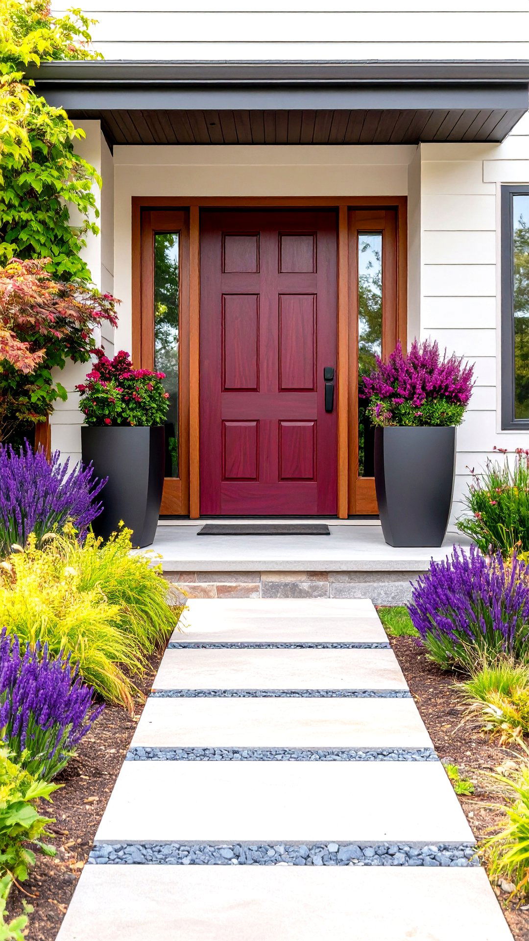 Burgundy Door Anchored by Tall Planters - 25 burgundy front door ideas