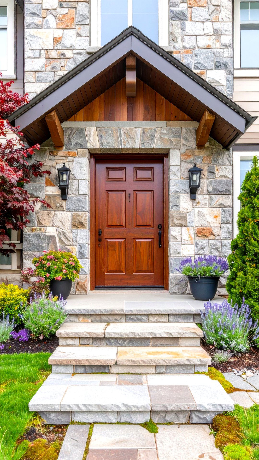 Burgundy Door Set in Natural Stone Facade - 25 burgundy front door ideas
