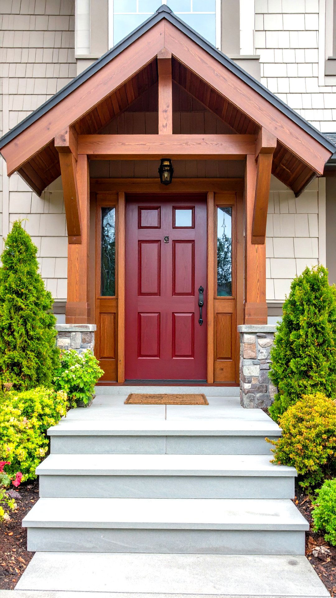 Burgundy Door Wrapped in Raw Cedar - 25 burgundy front door ideas