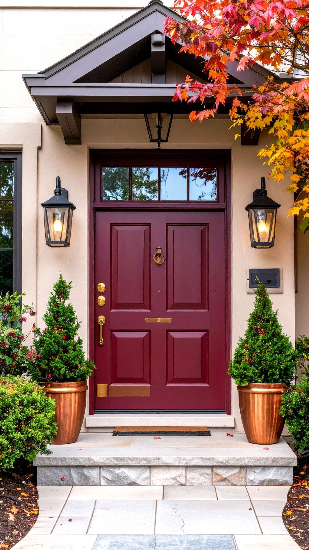 Burgundy Door with Copper Hardware Accents - 25 burgundy front door ideas