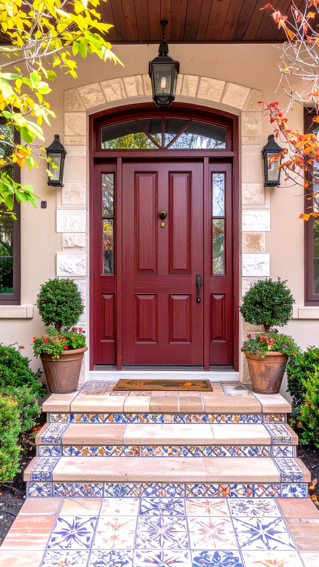 Burgundy Door with Encaustic Tile Landing - 25 burgundy front door ideas