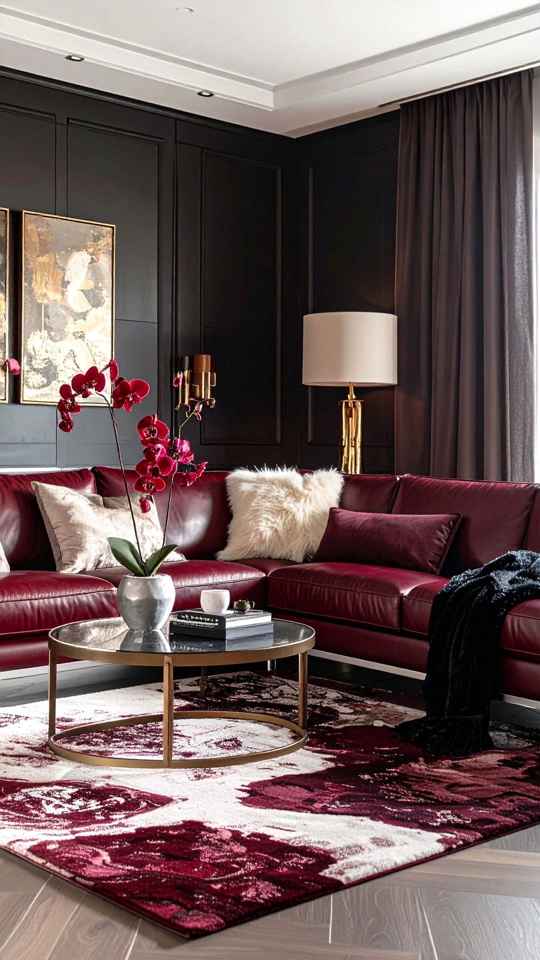 Burgundy Leather Sectional Warms a Noir Living Room - 25 black and red living room ideas