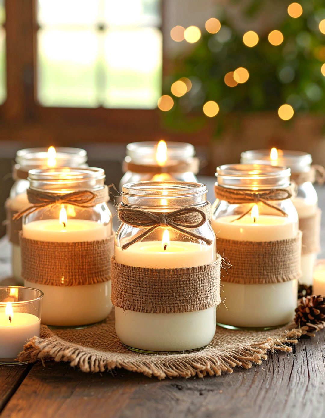 Burlap Wrapped Candle Glow - 25 mason jar wedding centerpieces