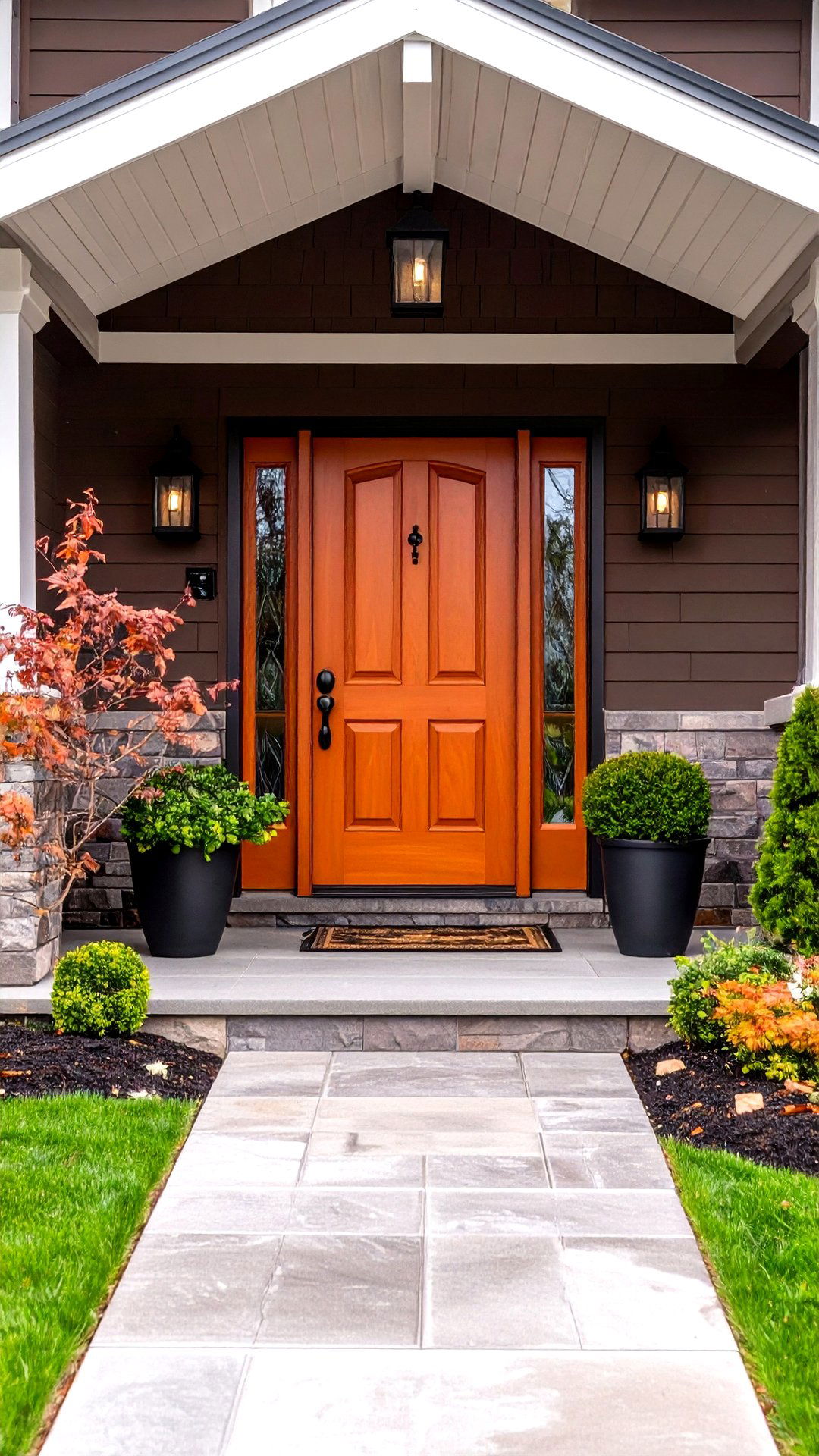 Burnt Orange Front Door Adds Warmth to Brown House - 25 brown house front door colors