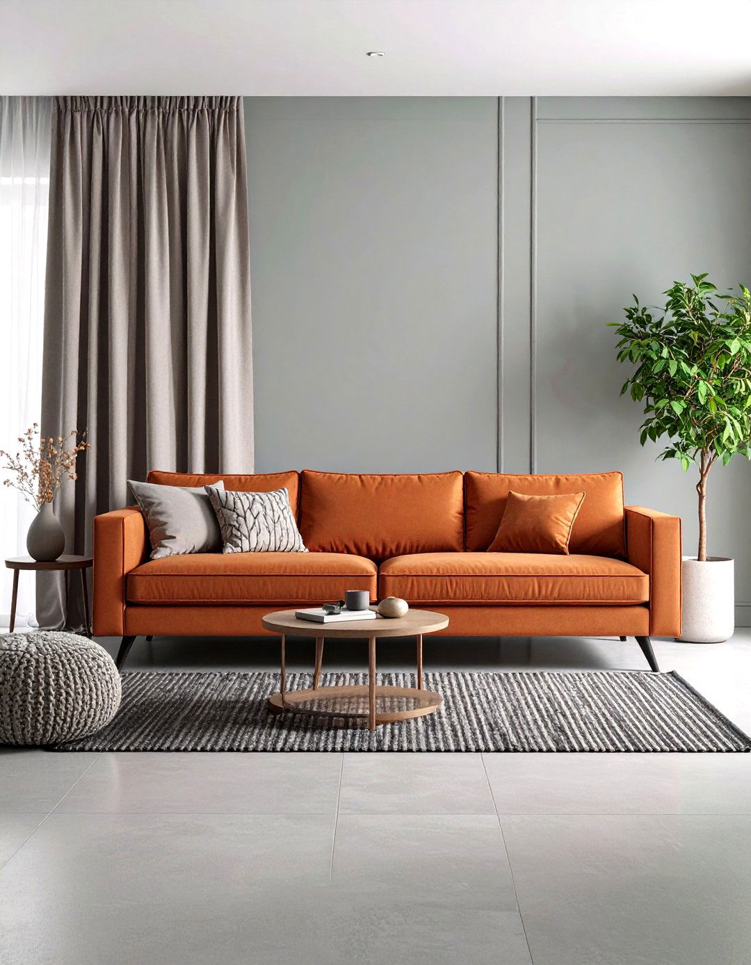 Burnt Orange Statement Sofa Against Gentle Greys - 25 orange and grey living room ideas