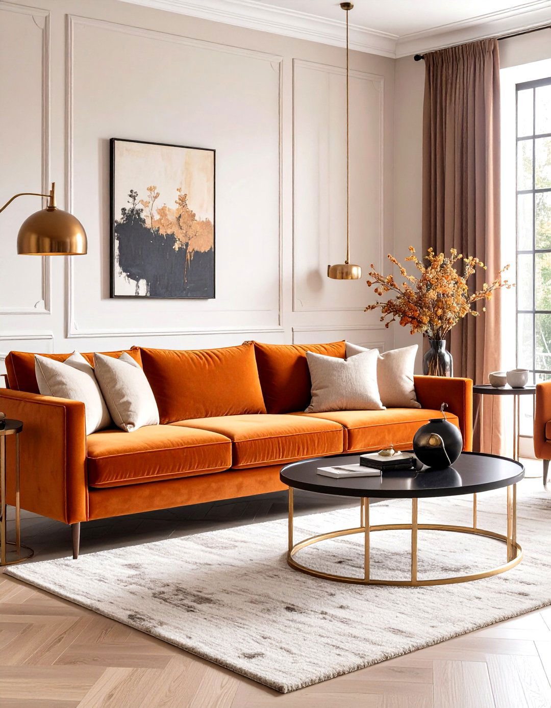Burnt Orange Velvet Sofa as Focal Point - 25 orange room ideas