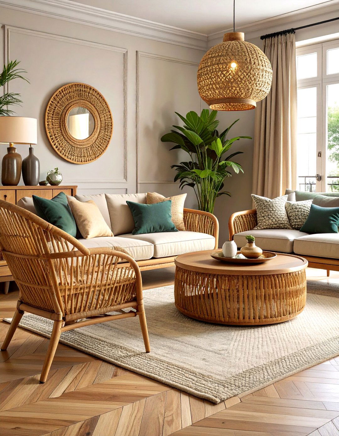 Cane or Rattan Accents Bring Breezy Texture - 25 parisian-style living room ideas