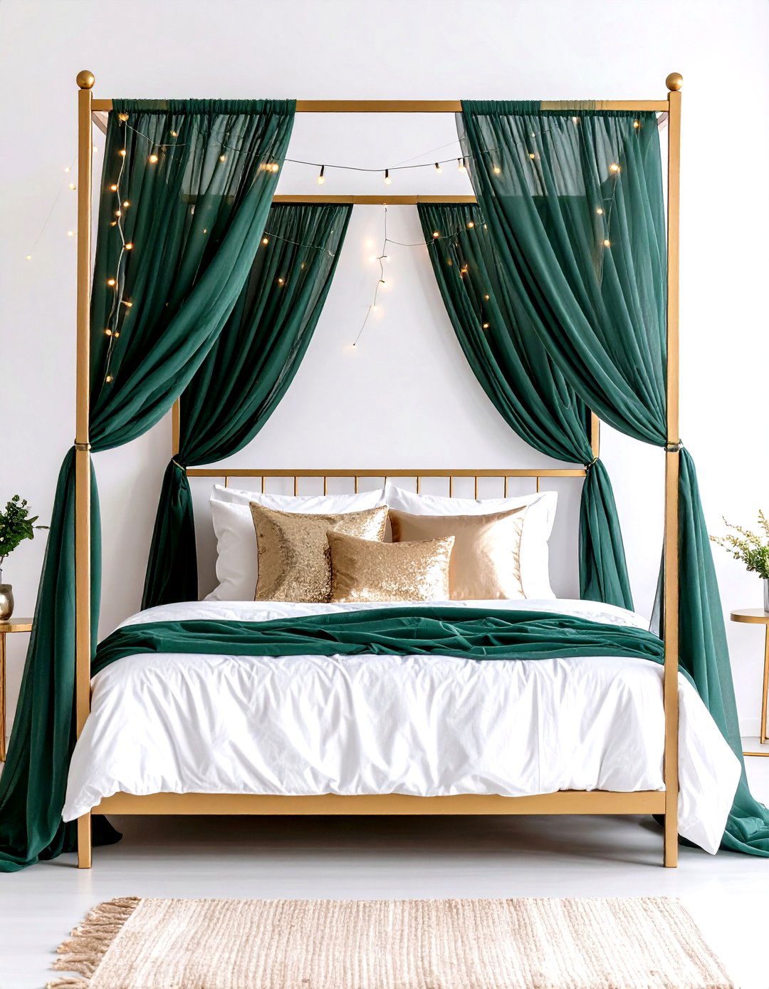 Canopy of Emerald Sheers Hung from a Gilded Frame - 25 emerald green and gold bedroom ideas