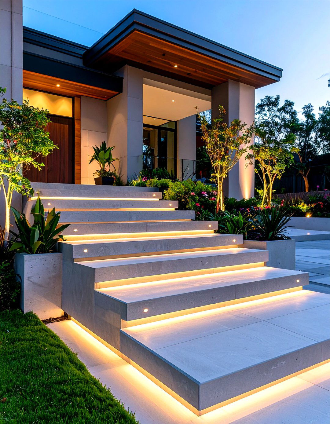 Cantilever Glass Fiber Concrete Steps With Undercut Lighting - 25 front step ideas