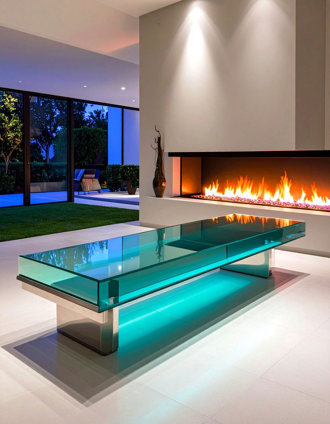 Cantilevered Glass Bench on Minimalist Linear Fireplace - 25 fireplace bench ideas
