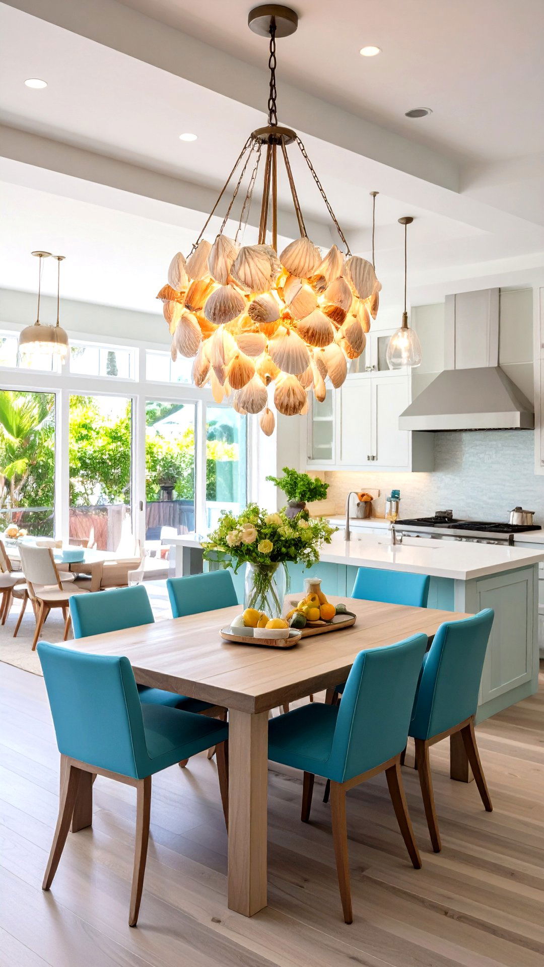 Capiz or Shell Chandeliers Add Soft Glow - 25 coastal kitchen ideas
