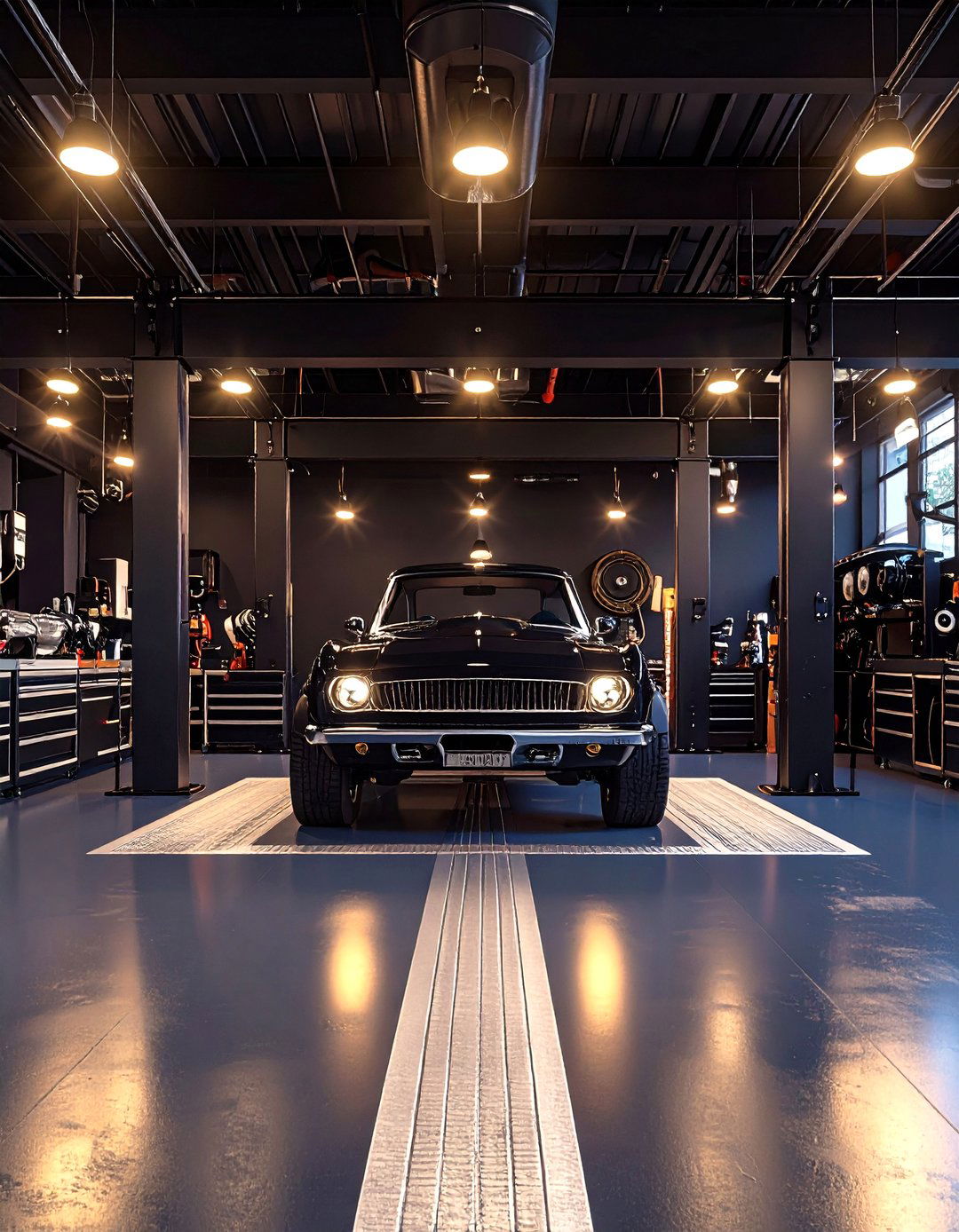 Car Lift Turns a Black Garage Into a Two Stack - 25 black garage ideas