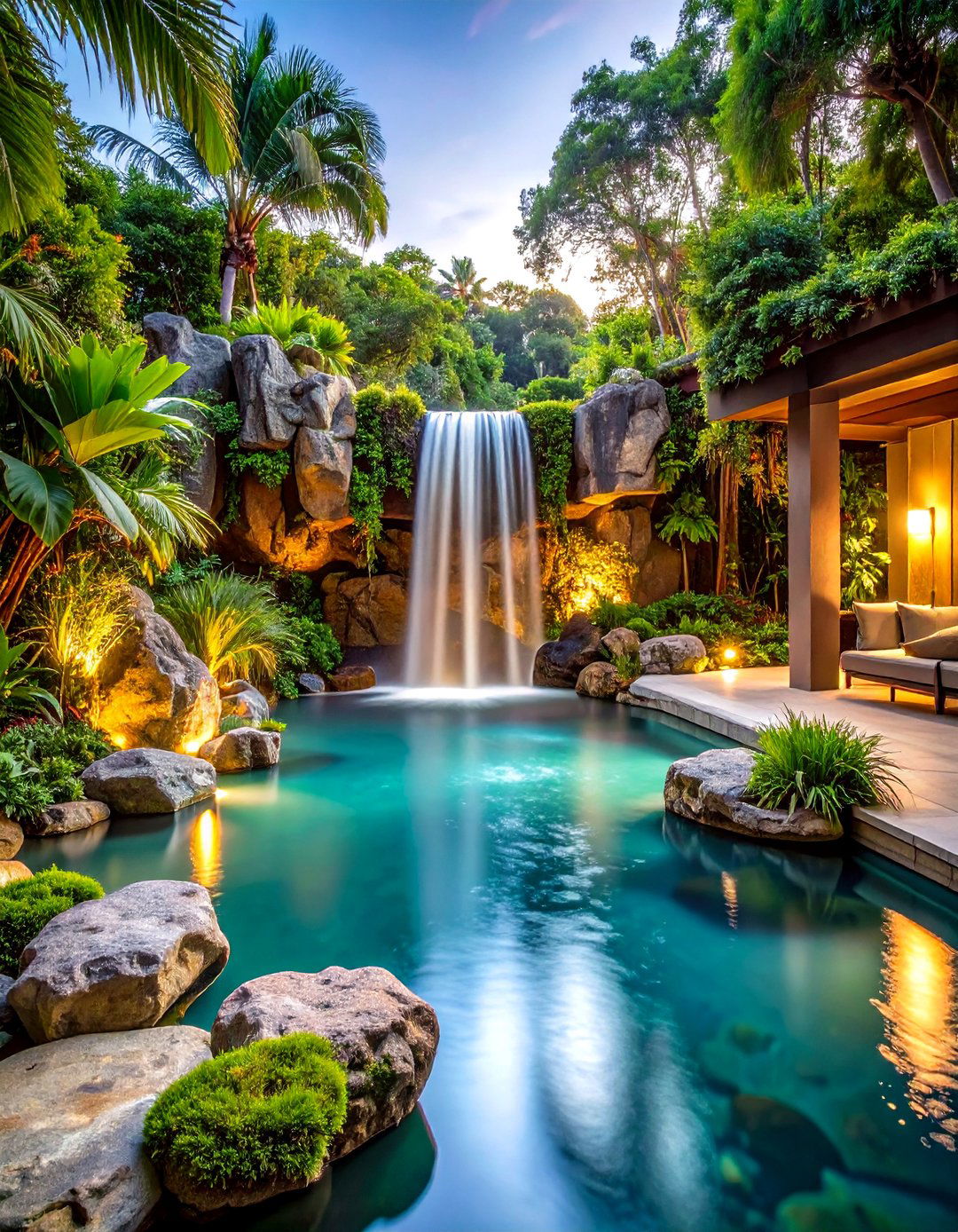 Cascading Rock Waterfall Centerpiece - 25 lagoon pool ideas