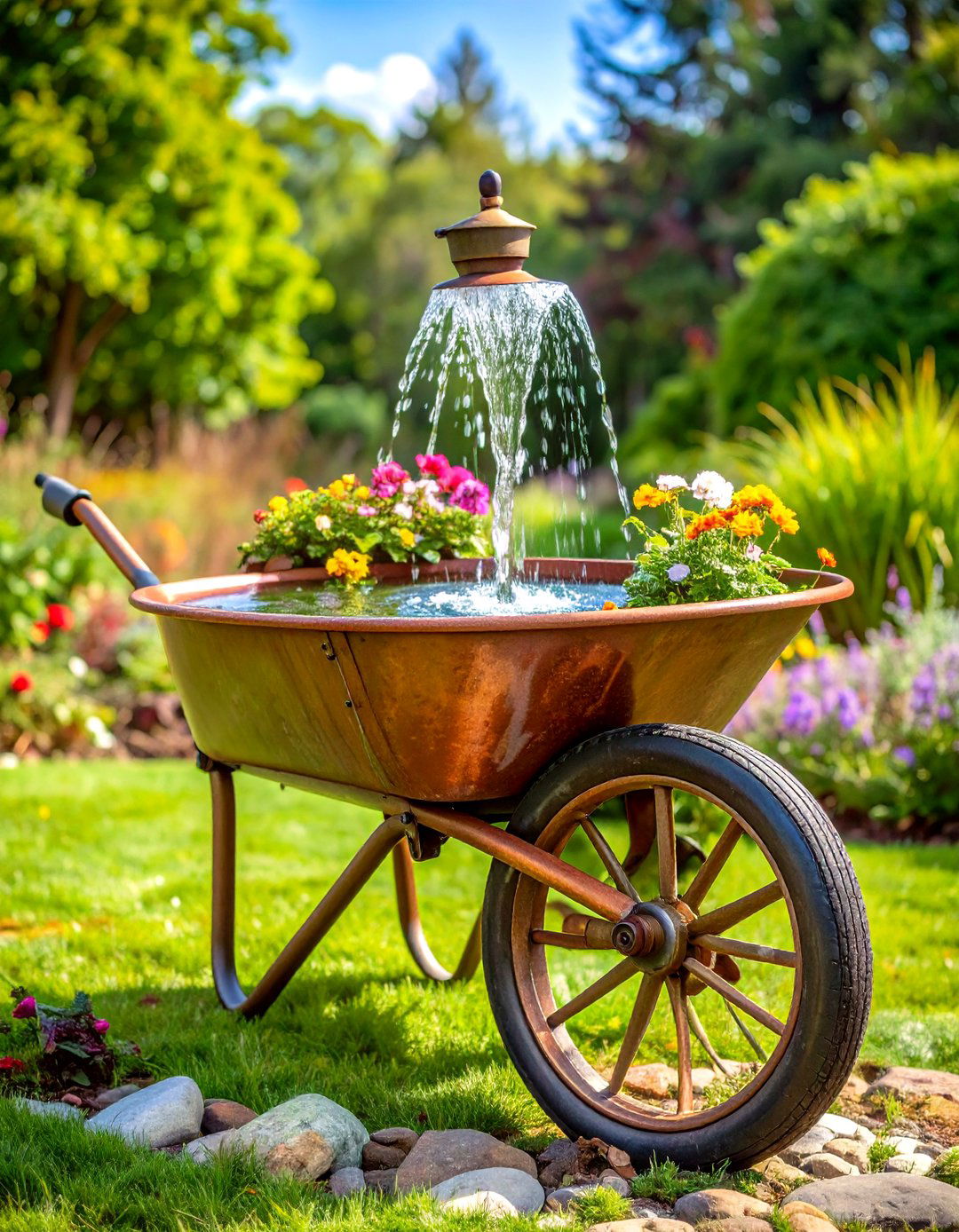 Cascading Wheelbarrow Water Fountain Feature - 25 old wheelbarrow ideas