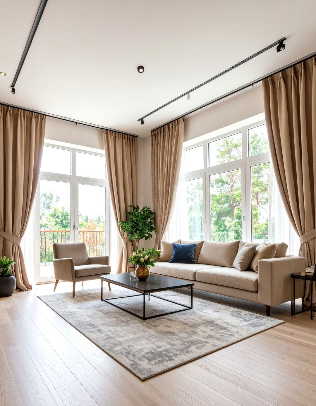 Ceiling Mounted Curtain Tracks Elevate Living Room Height - 25 apartment small living room ideas
