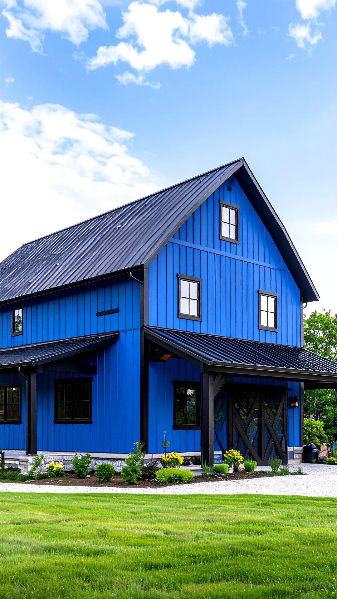 Cerulean Blue House Barn with Black Steel Cross Braces - 25 blue house with black trim ideas