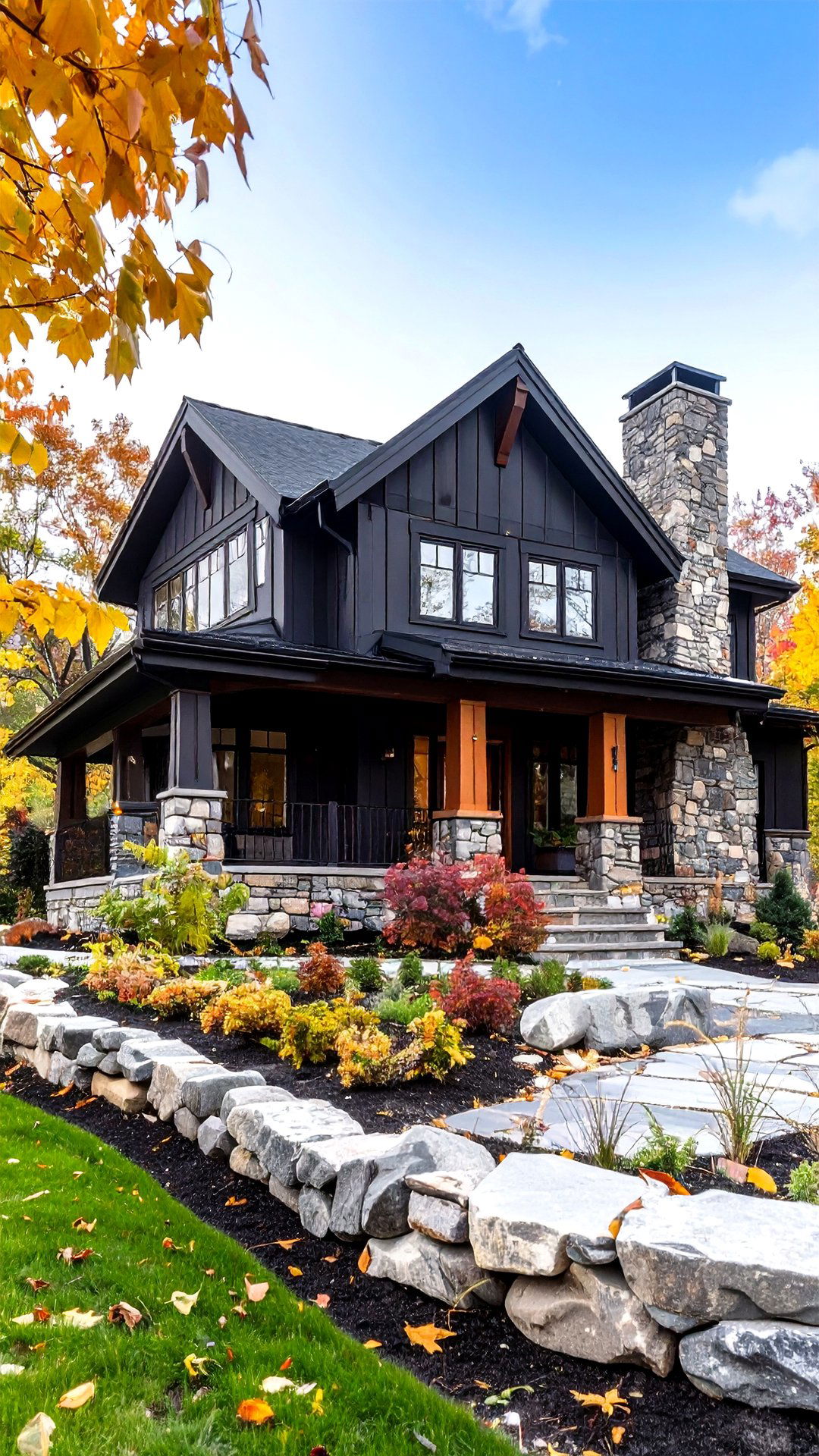 Charcoal Black Two Story with Stone Skirt - 25 black house exteriors & paint colors