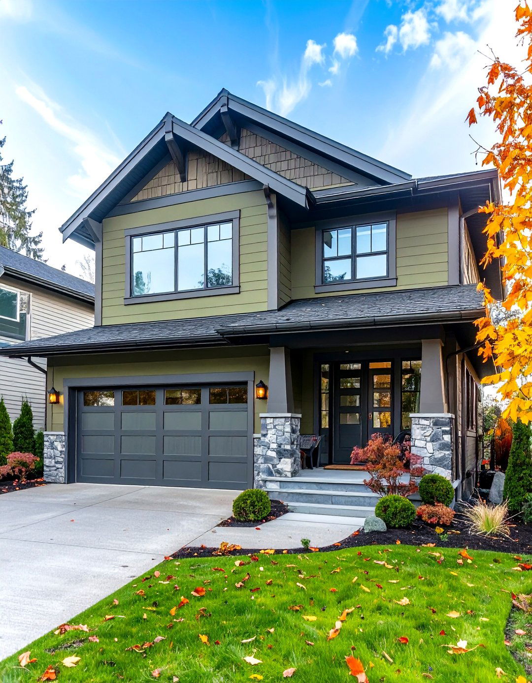 Charcoal Frames Olive Siding Meets Steel Grey Windows - 25 olive green house exterior ideas