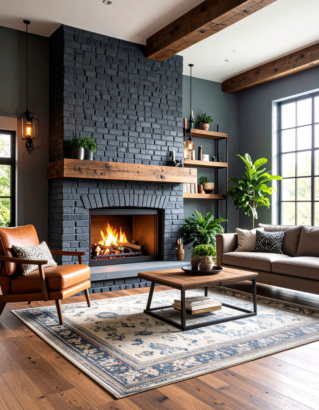 Charcoal Gray Industrial Brick Fireplace - 25 painted brick fireplace ideas