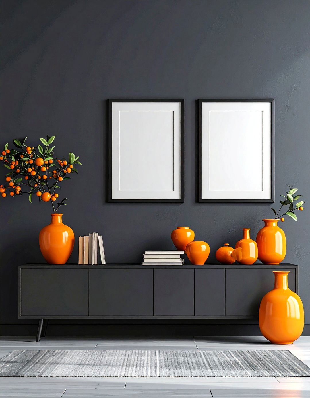 Charcoal Grey Accent Wall with Tangerine Trinkets - 25 orange and grey living room ideas