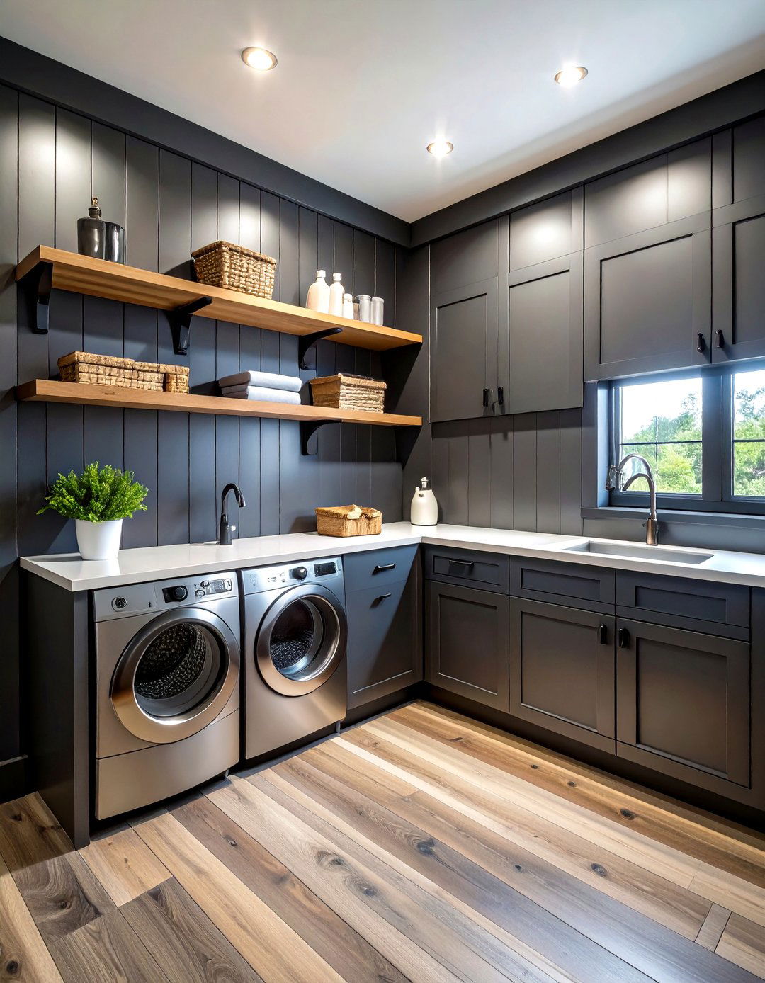 Charcoal Shiplap Paneling Laundry Room - 25 dark & moody laundry room ideas