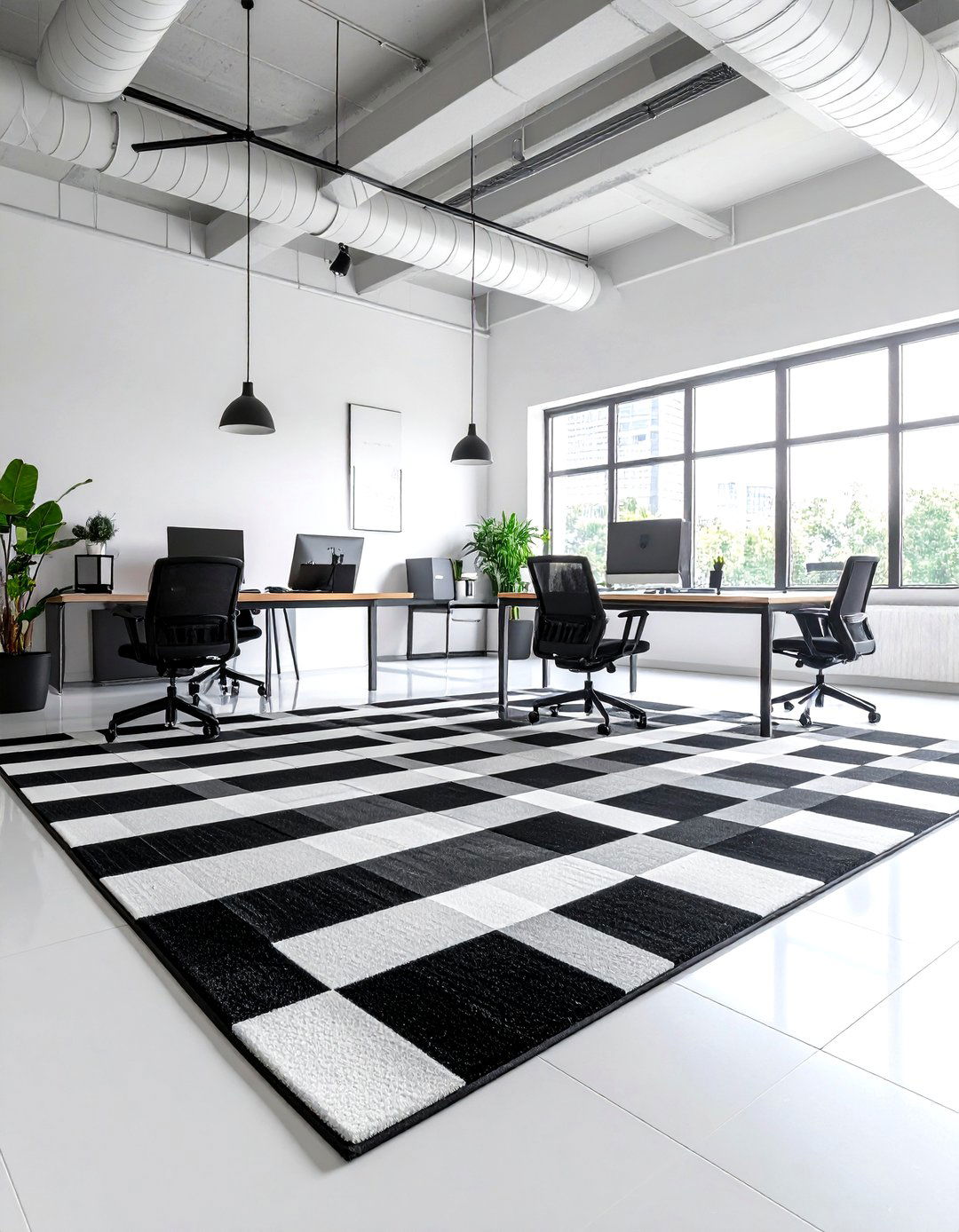 Checkerboard Black and White Rug for Graphic Impact - 25 office rug ideas