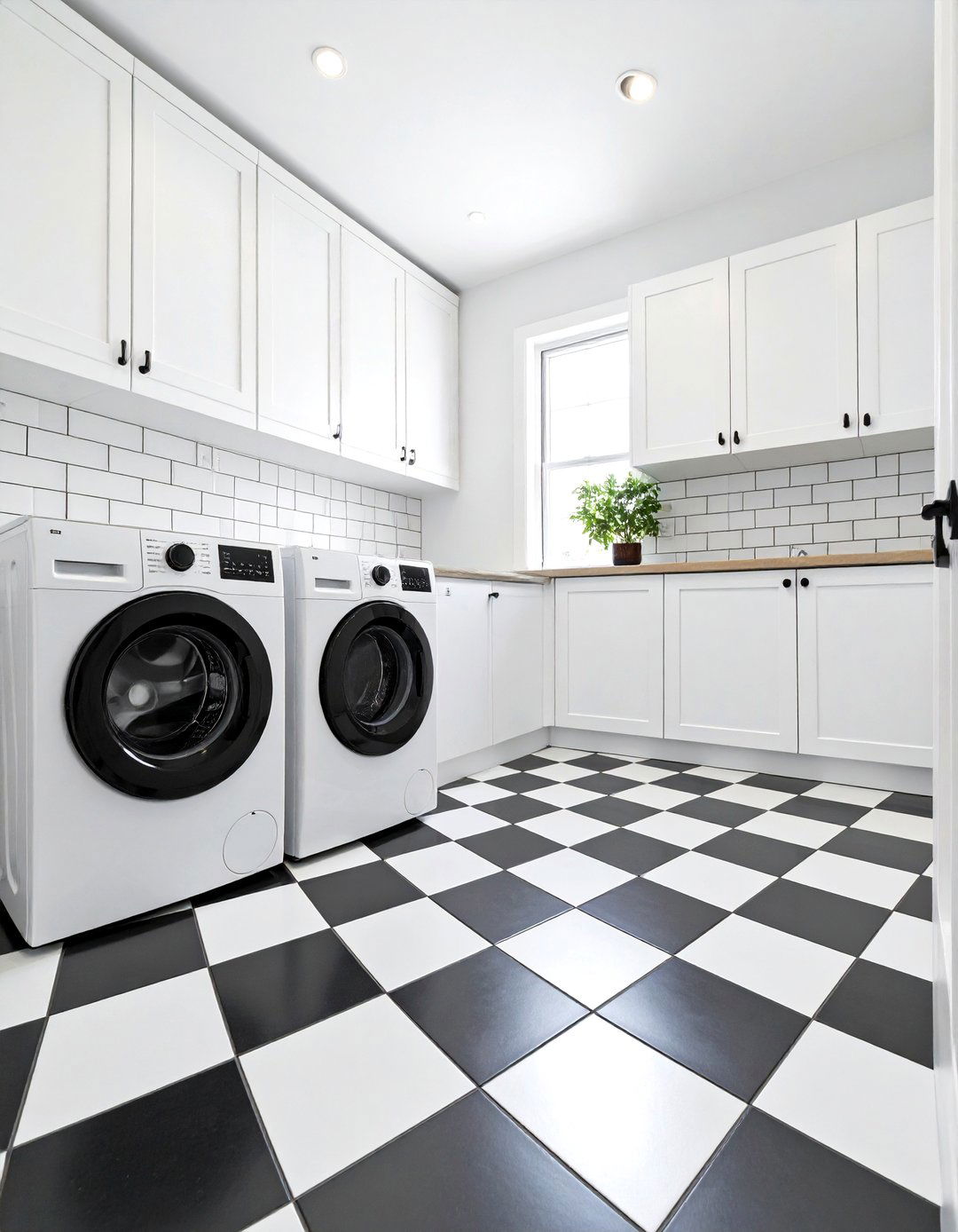 Checkerboard Tile Grounds the Laundry Room in Instant Character - 25 black and white laundry room ideas