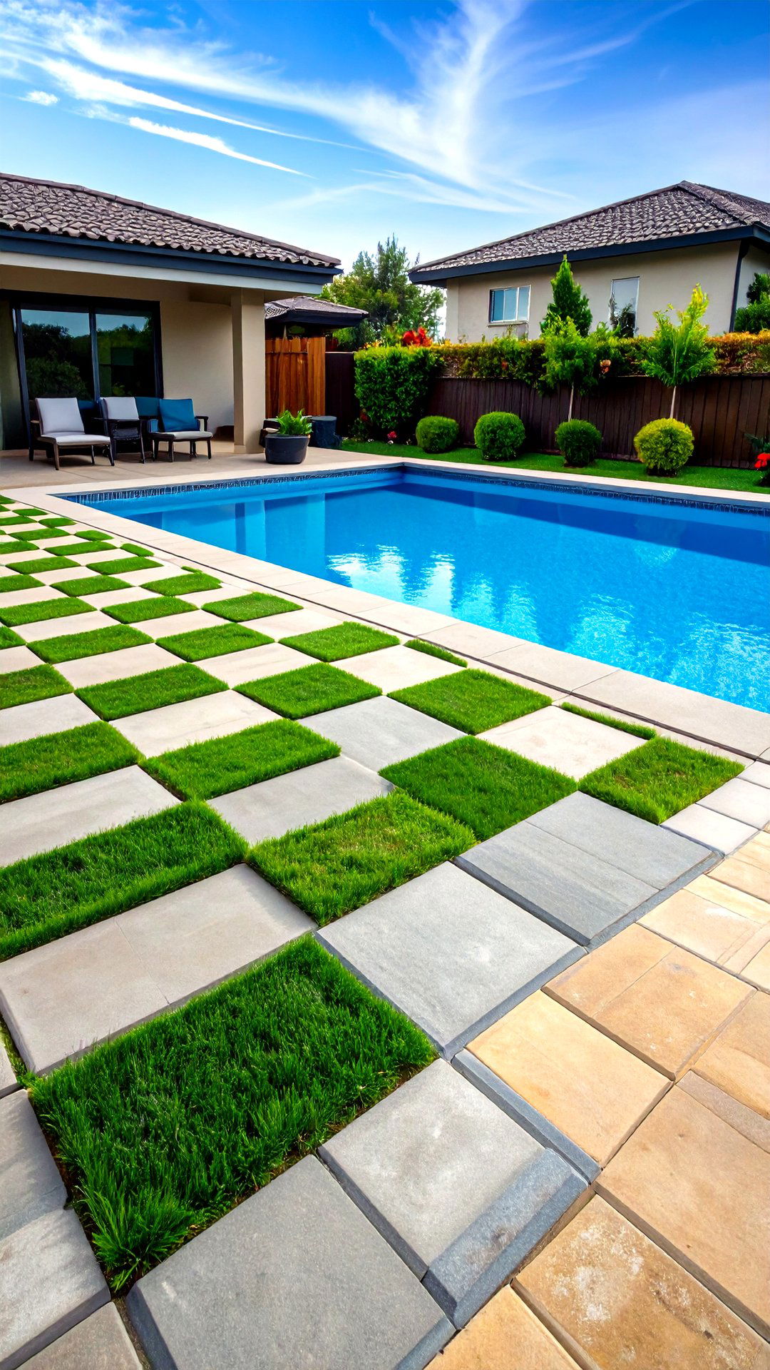 Checkerboard Turf in Paver Walkway - 25 above ground pool walkway ideas