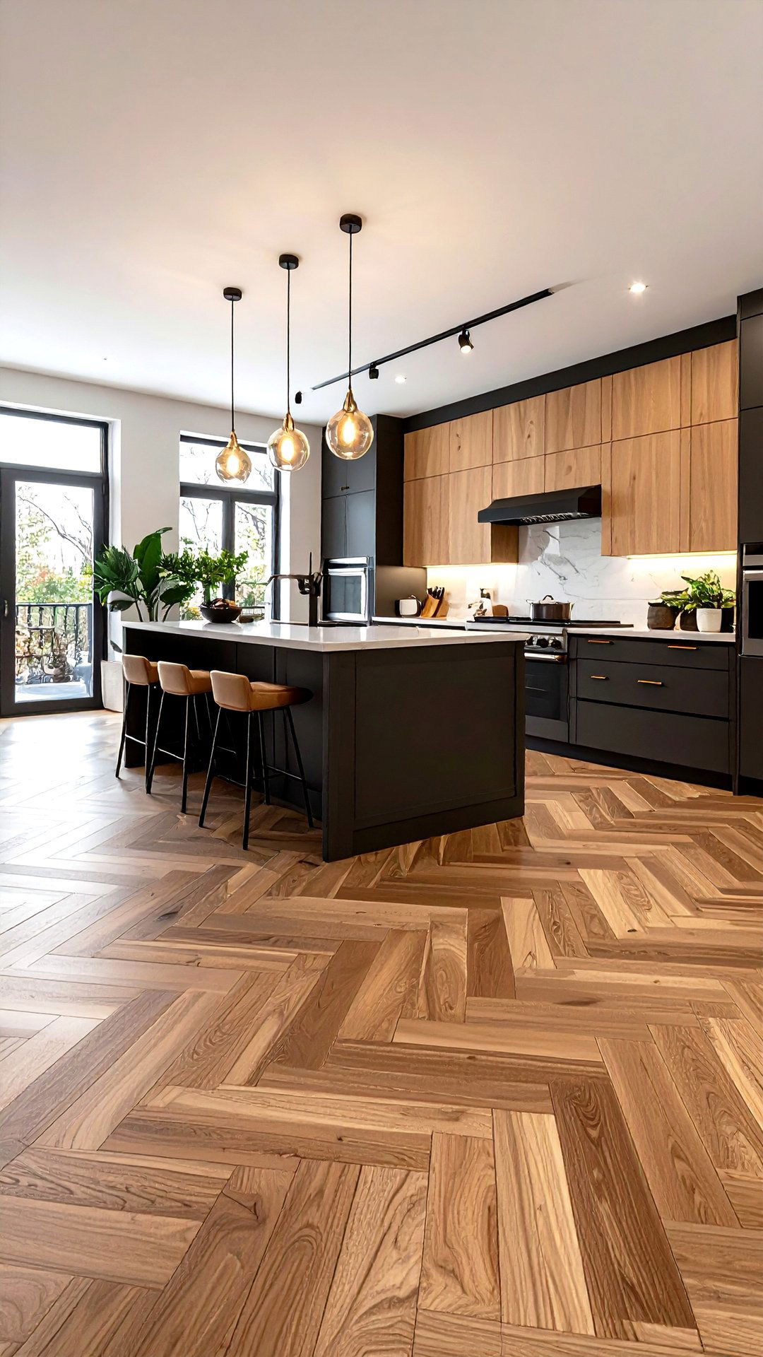 Chevron Parquet Wood Floors Warm the Scheme - 25 art deco kitchen ideas