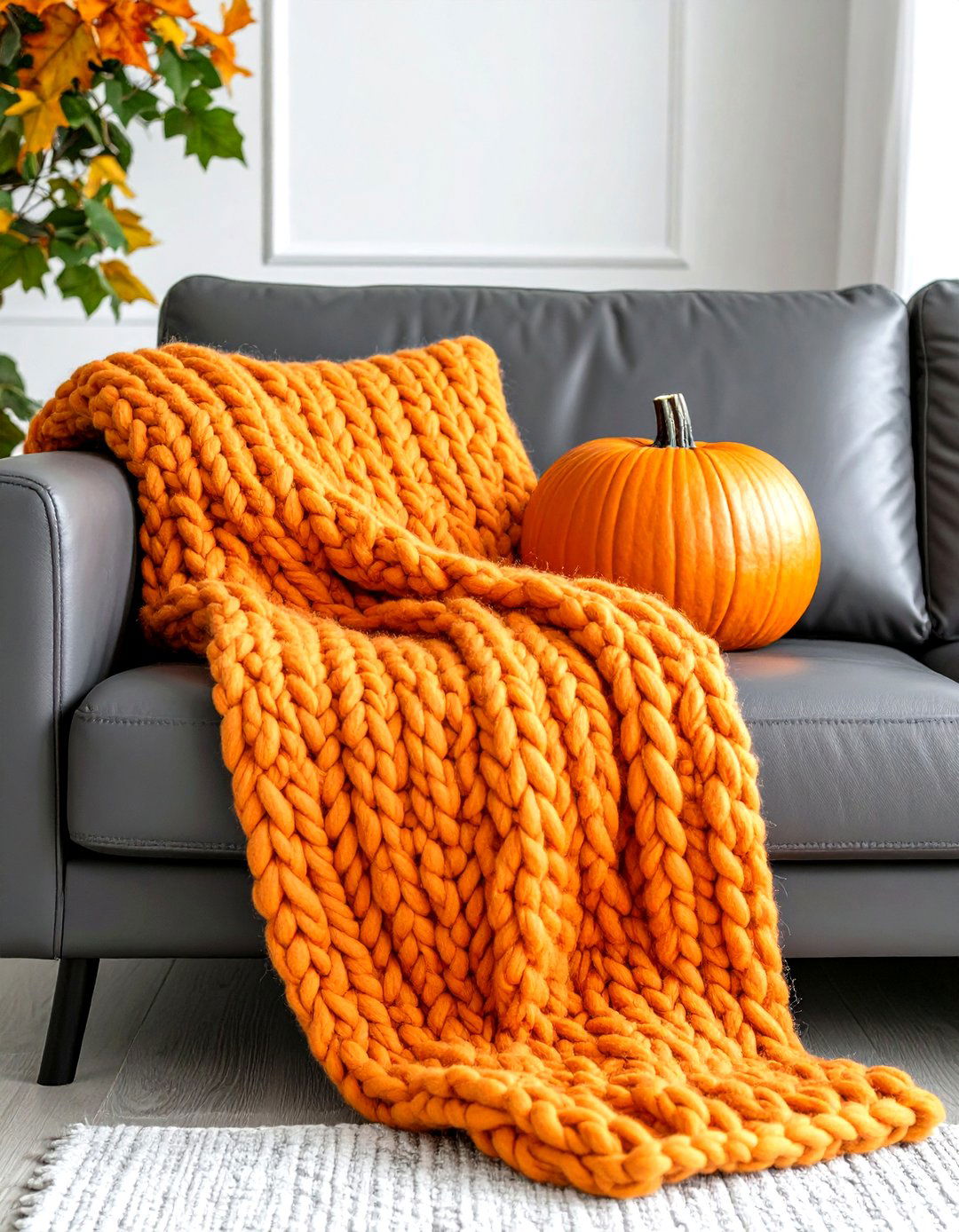 Chunky Knit Throw in Pumpkin Over a Grey Leather Sofa - 25 orange and grey living room ideas