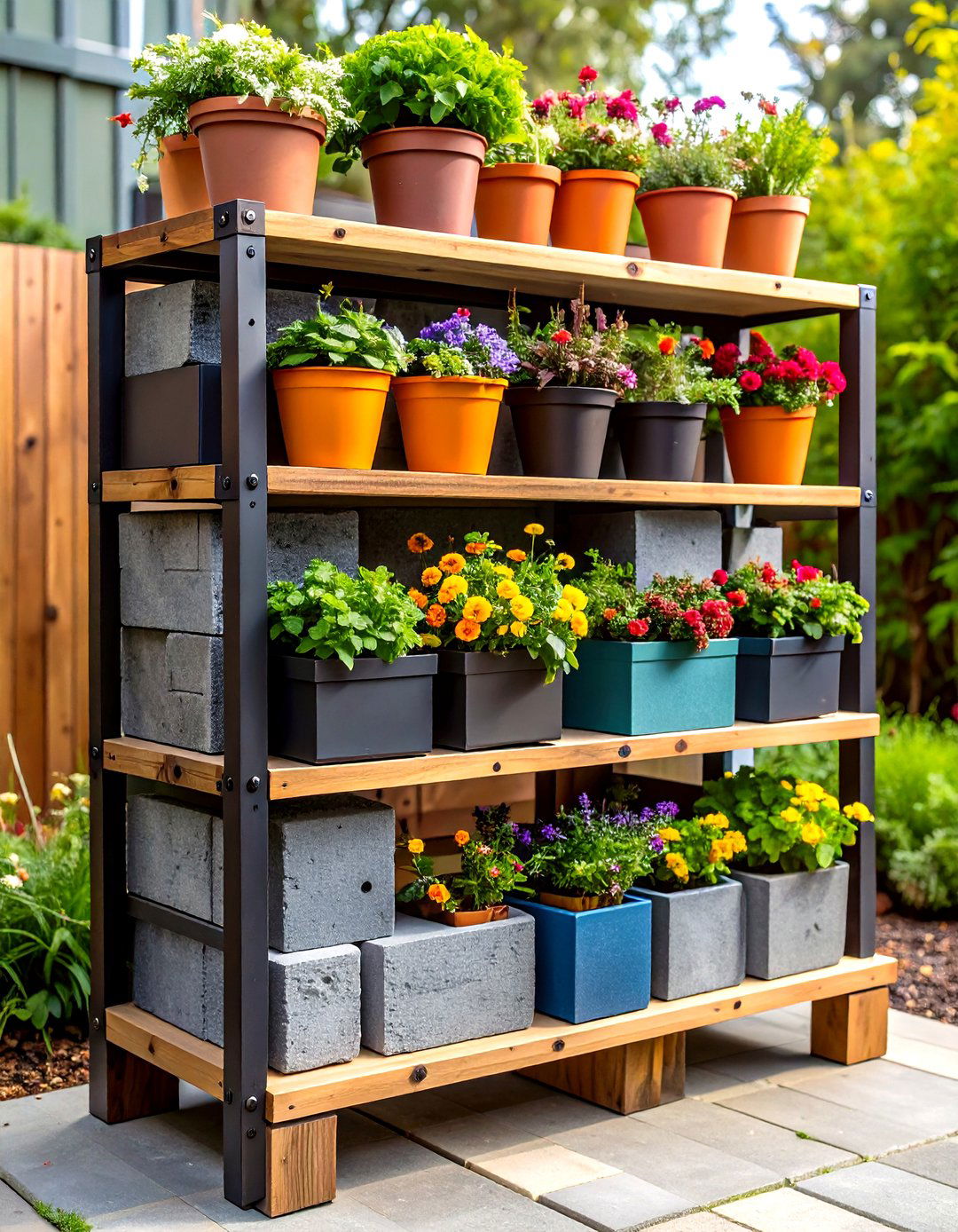 Cinder Block and Timber Plant Stand - 25 outdoor plant stand ideas