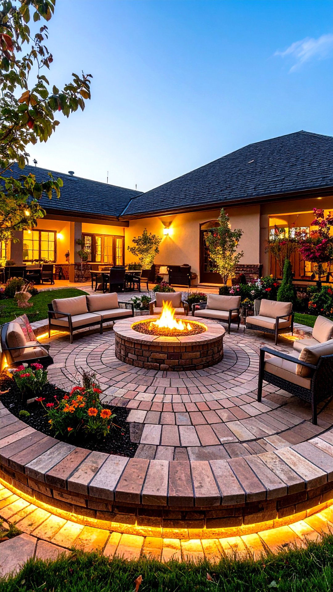 Circular Brick Patio Centered on a Fire Pit - 25 brick patio ideas