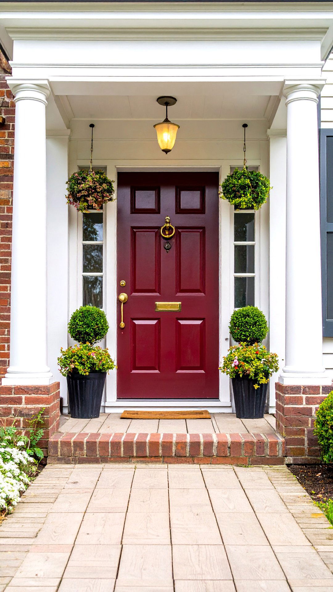Classic Colonial Burgundy Front Door with White Trim - 25 burgundy front door ideas