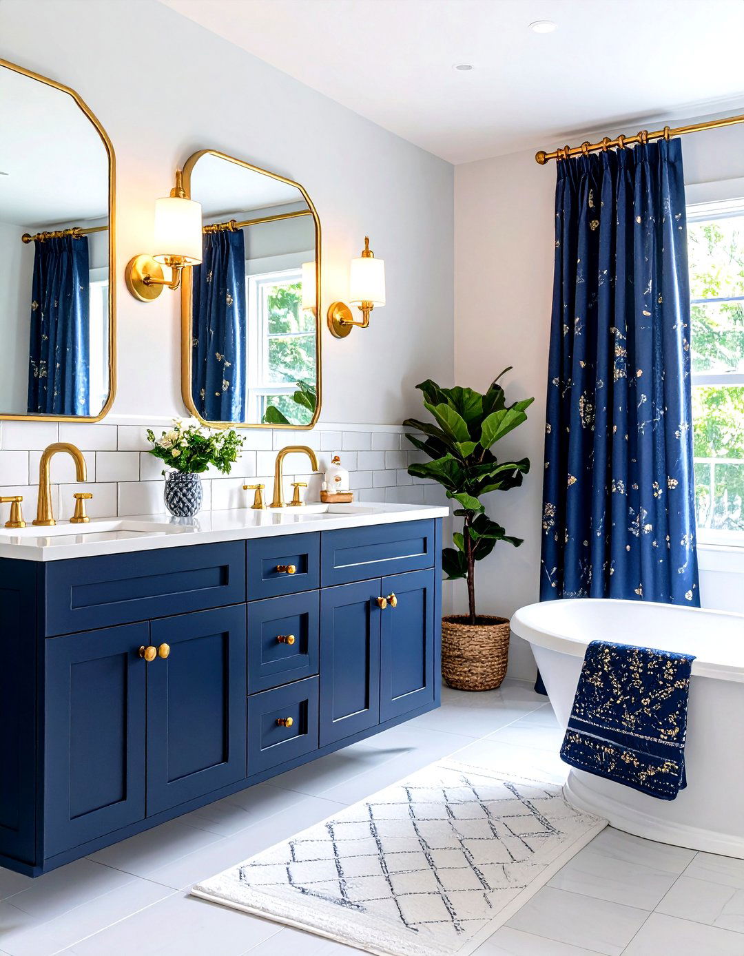 Classic Navy Subway Tile Bathroom with Gold Hardware - 25 blue and gold bathroom ideas